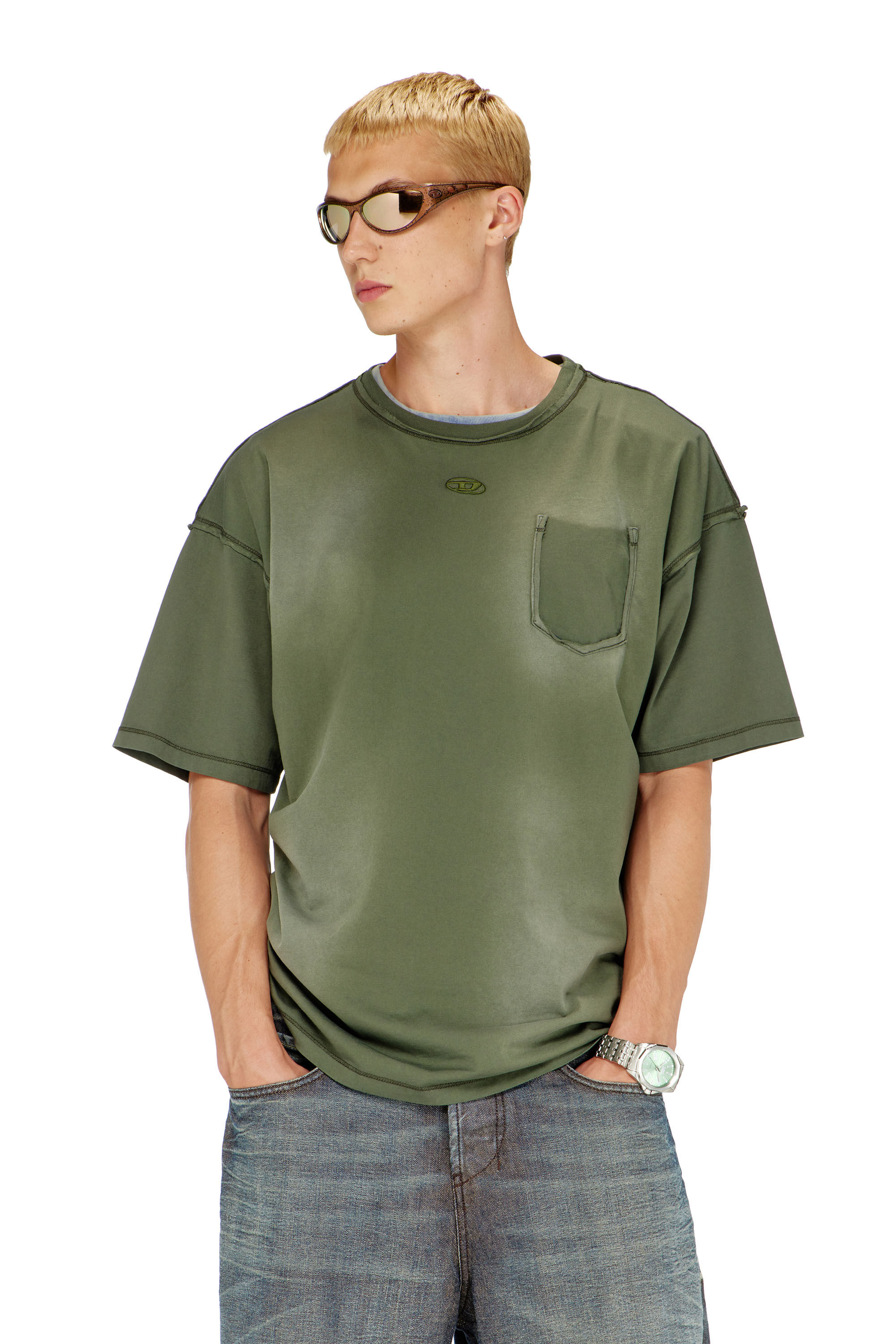 Diesel - T-POCK, Man's Faded T-shirt with ripped pocket detail in Green - 3