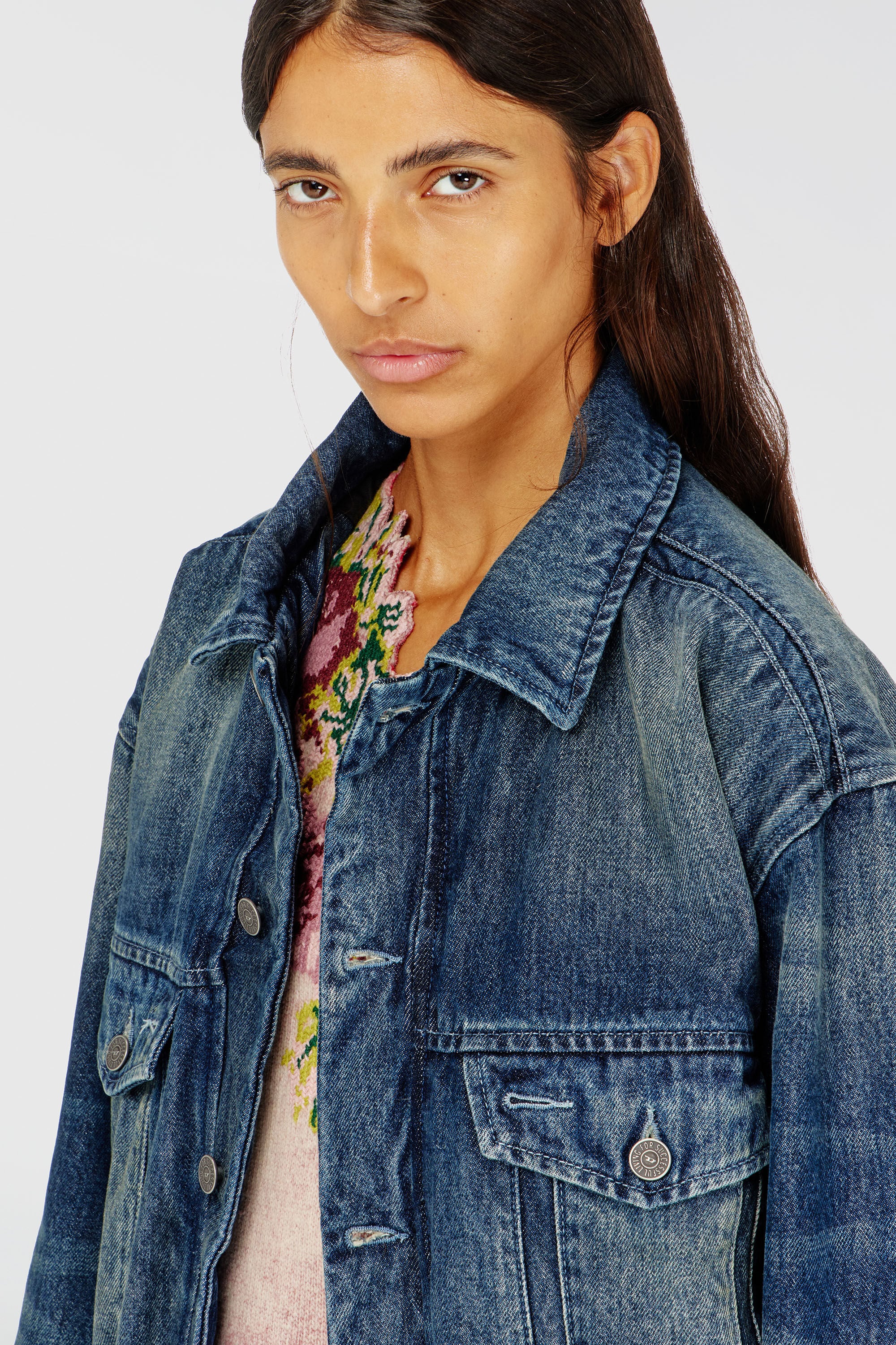 Diesel - DE-MORVI-FSJ, Woman's Elasticated trucker jacket in denim in Dark Blue - 5