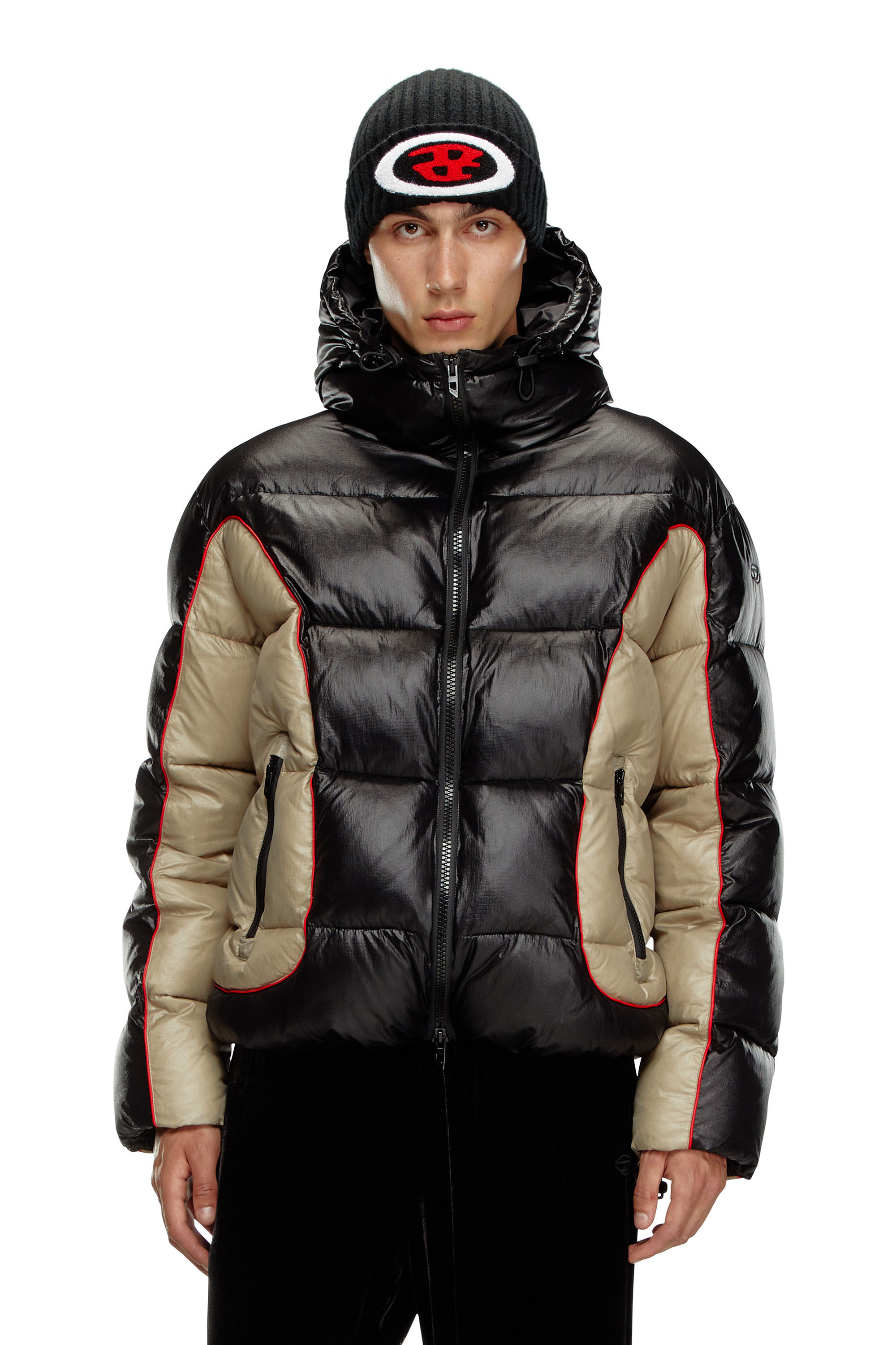 Diesel - W-OSTEND, Man's Hooded puffer jacket in shiny ripstop in Black/Beige - 3