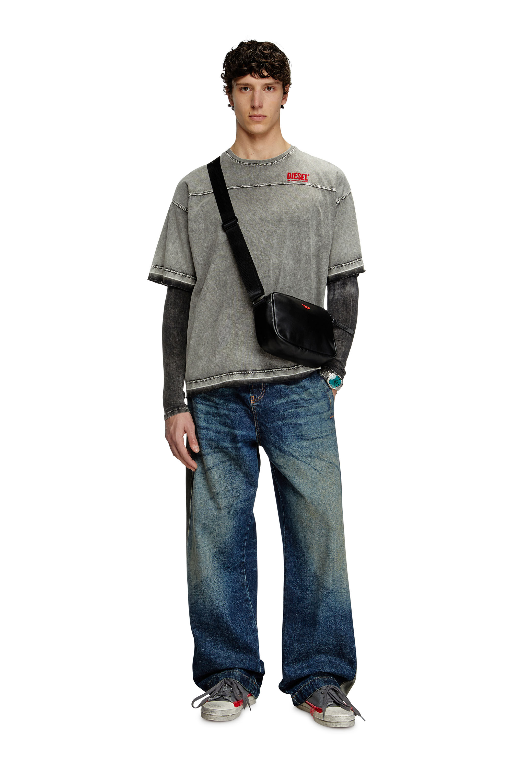 Diesel - T-HOXT, Man's Denim-look T-shirt with released hems in Light Grey - 1