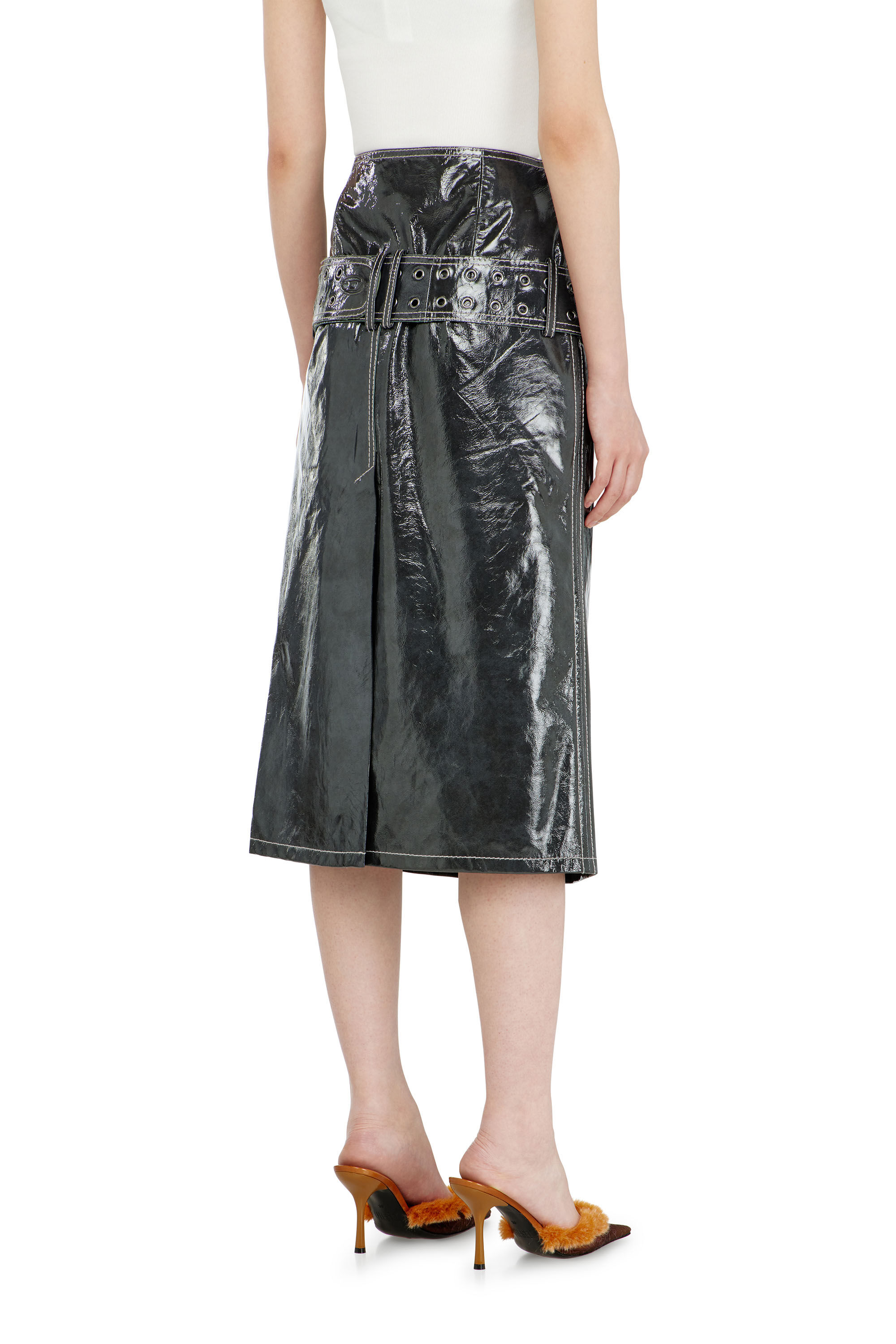 Diesel - L-ASCAR, Woman's Patent-leather midi skirt with belt in null - 4