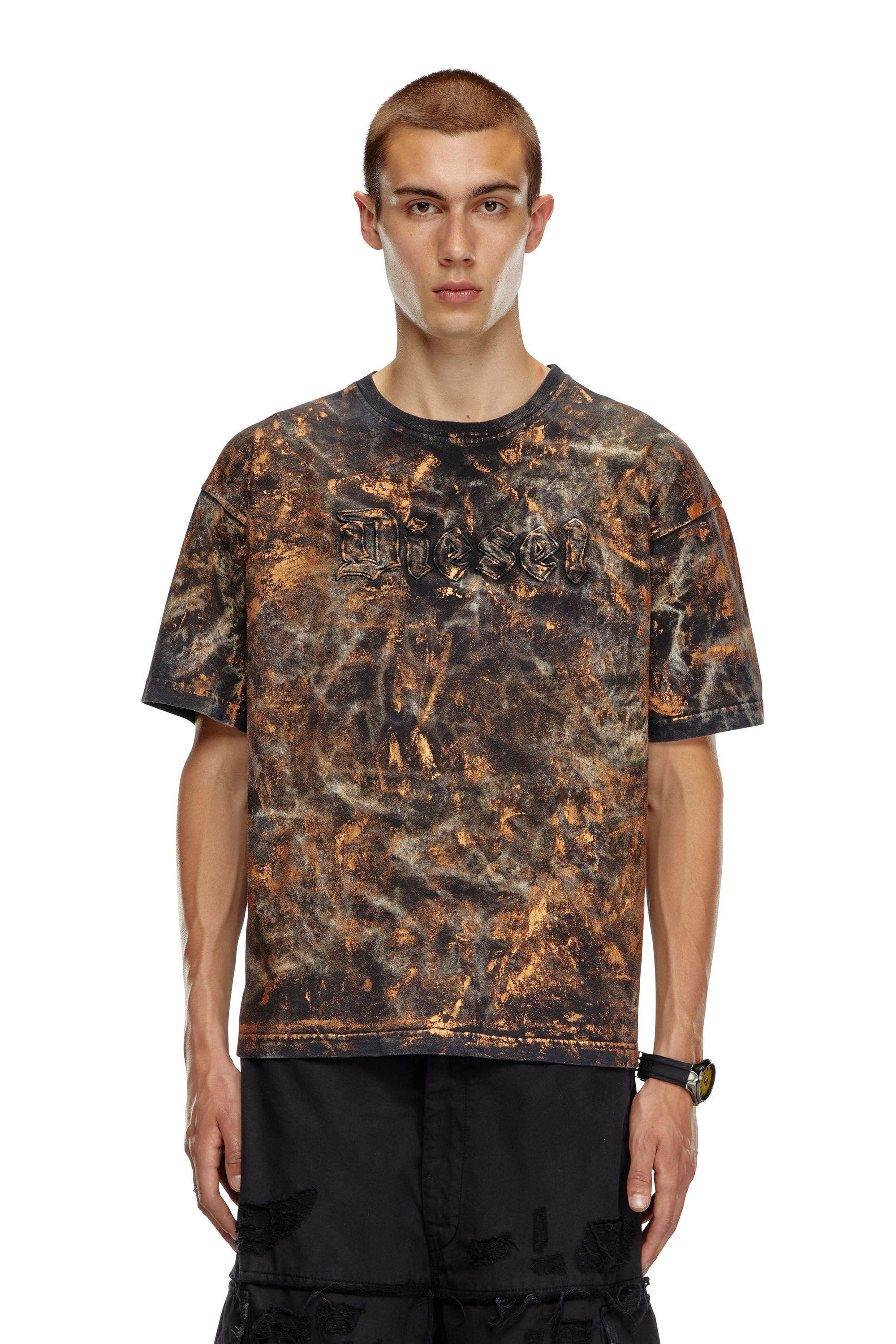 Diesel - T-BOXT-Q12, Man's Dirty-effect T-shirt with logo lettering in Brown - 3