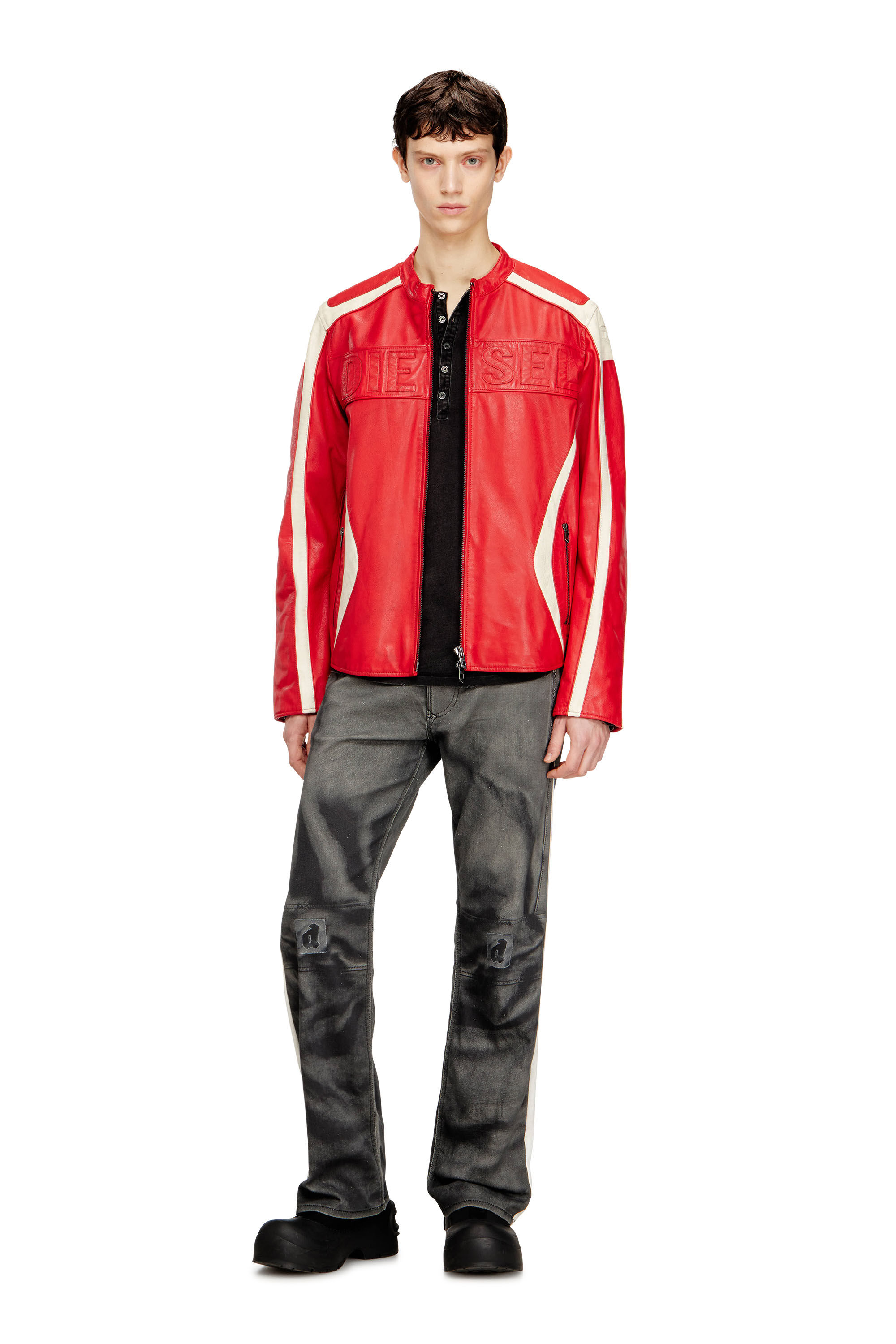 Diesel - L-ADAM, Man's Colour-block leather biker jacket in Red/White - 1