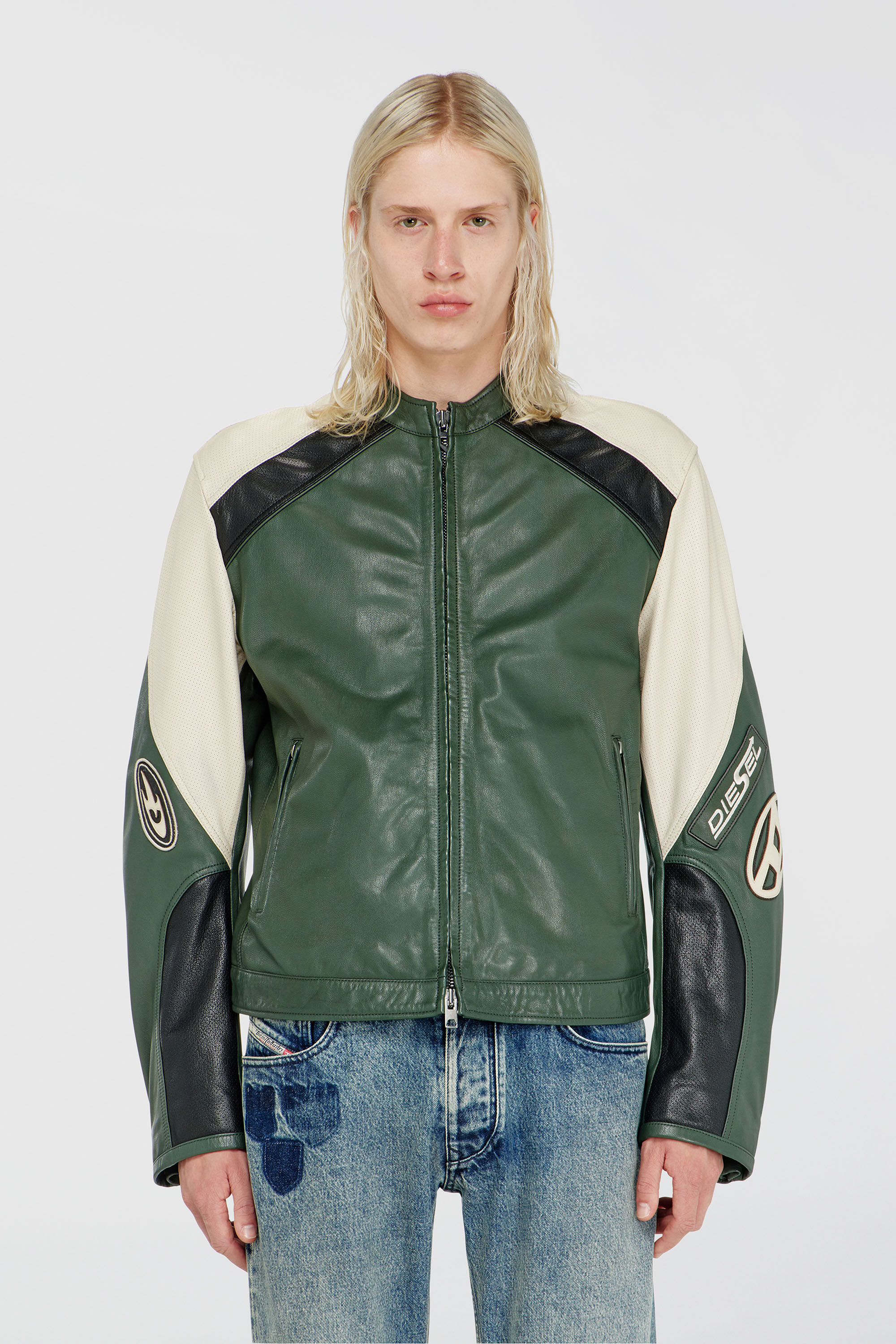 Diesel - L-AHTI, Man's Biker jacket in colour-block perforated leather in Beige/Black - 5