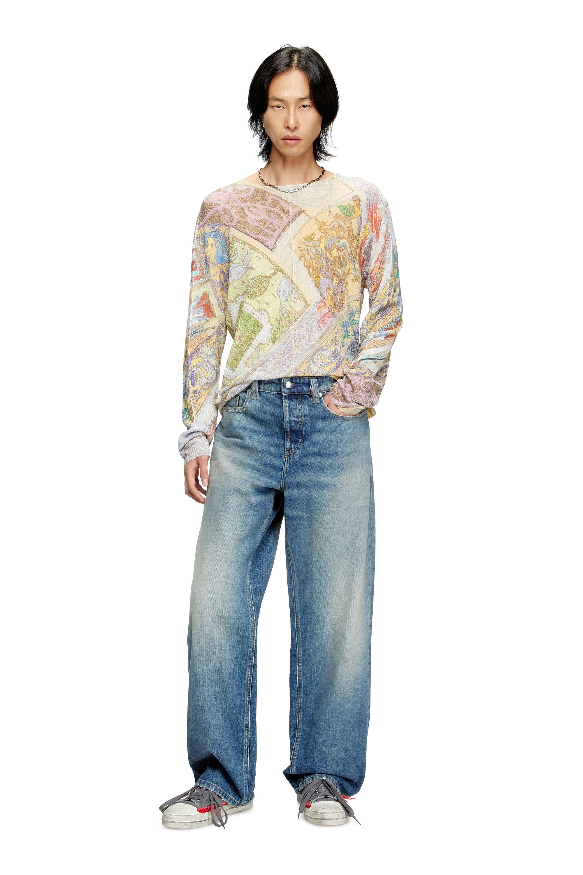 Diesel - K-RENTON, Man's Linen jumper with medieval print in Beige/Yellow - 1