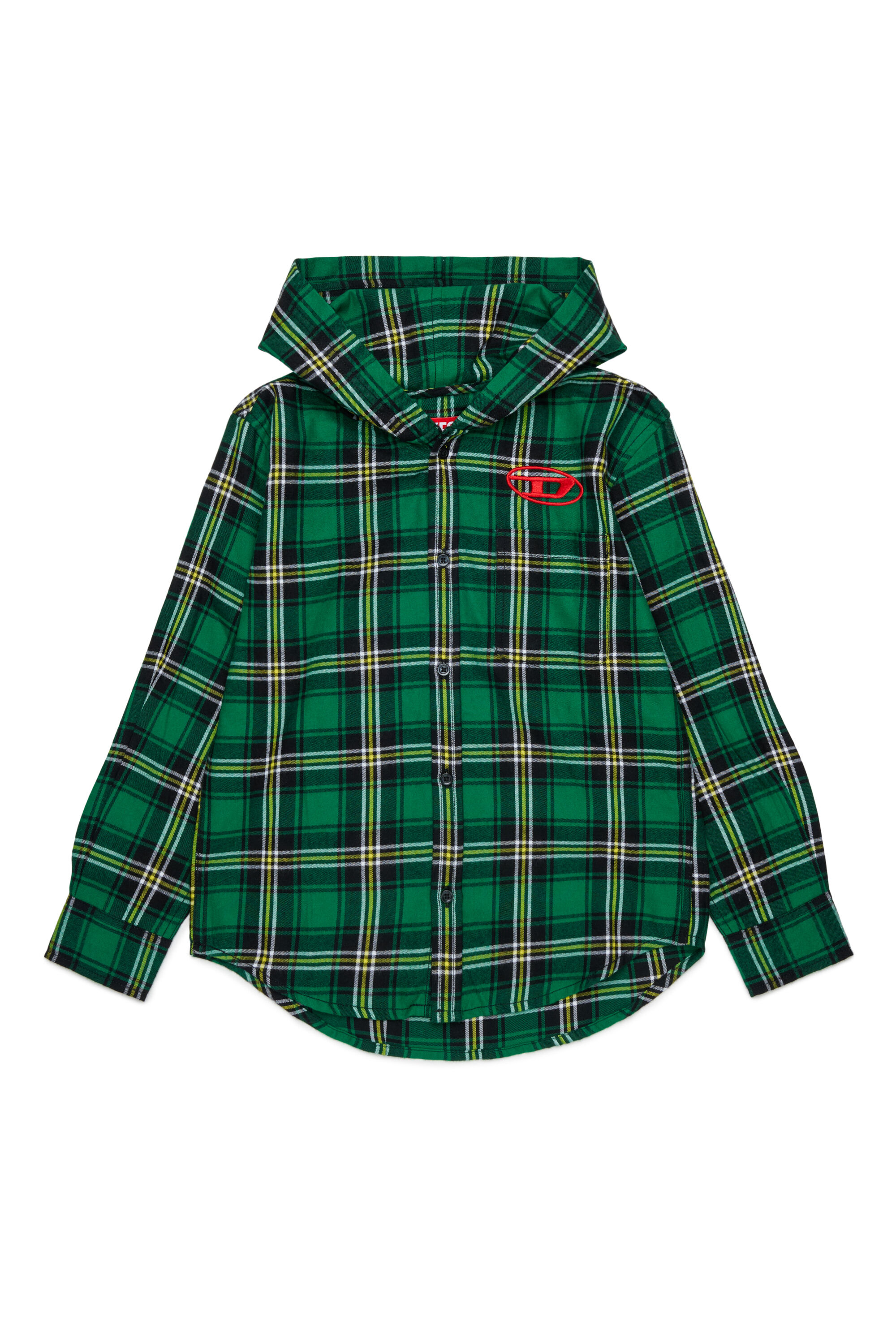 Diesel - CHECK OVER, Man's Hooded check shirt with Oval D embroidery in Green - 1