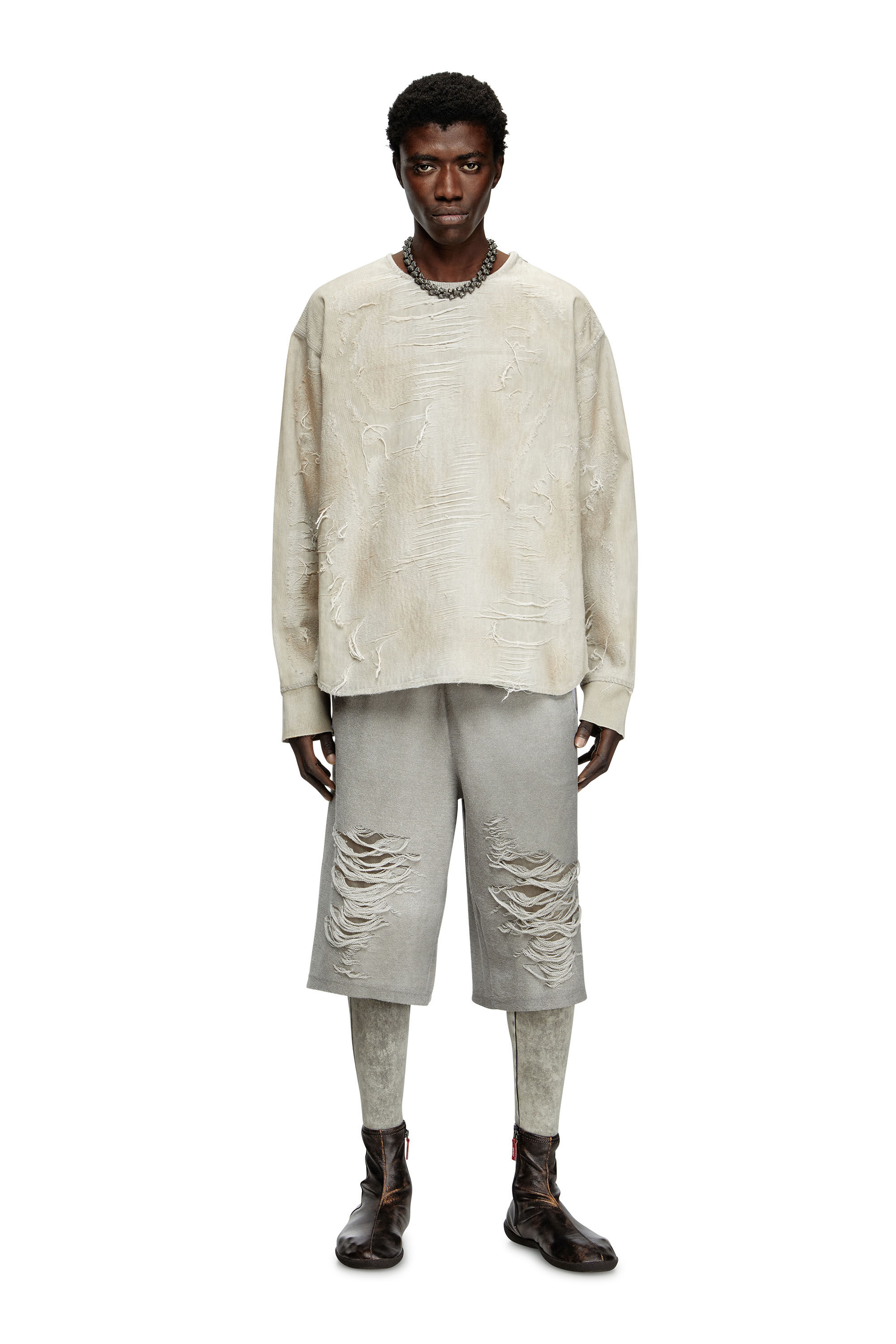Diesel - D-JUST-FSG1, Man's Sweater in micro-distressed jacquard denim in Light Grey - 1