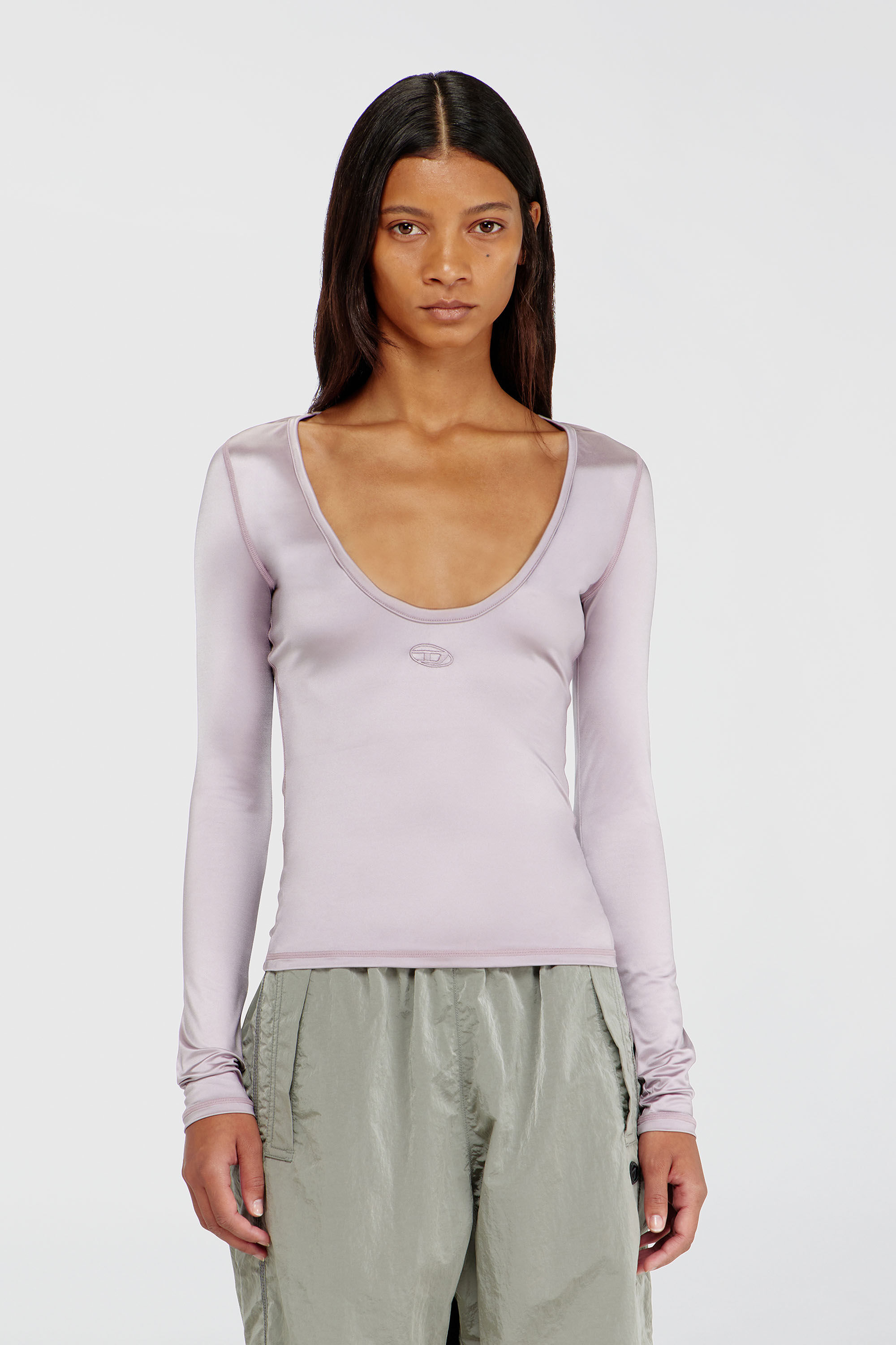 Diesel - T-ELPHIN-LS, Woman's Nylon slim top scoop neck with Logo Oval D embroidery in Lilac - 3