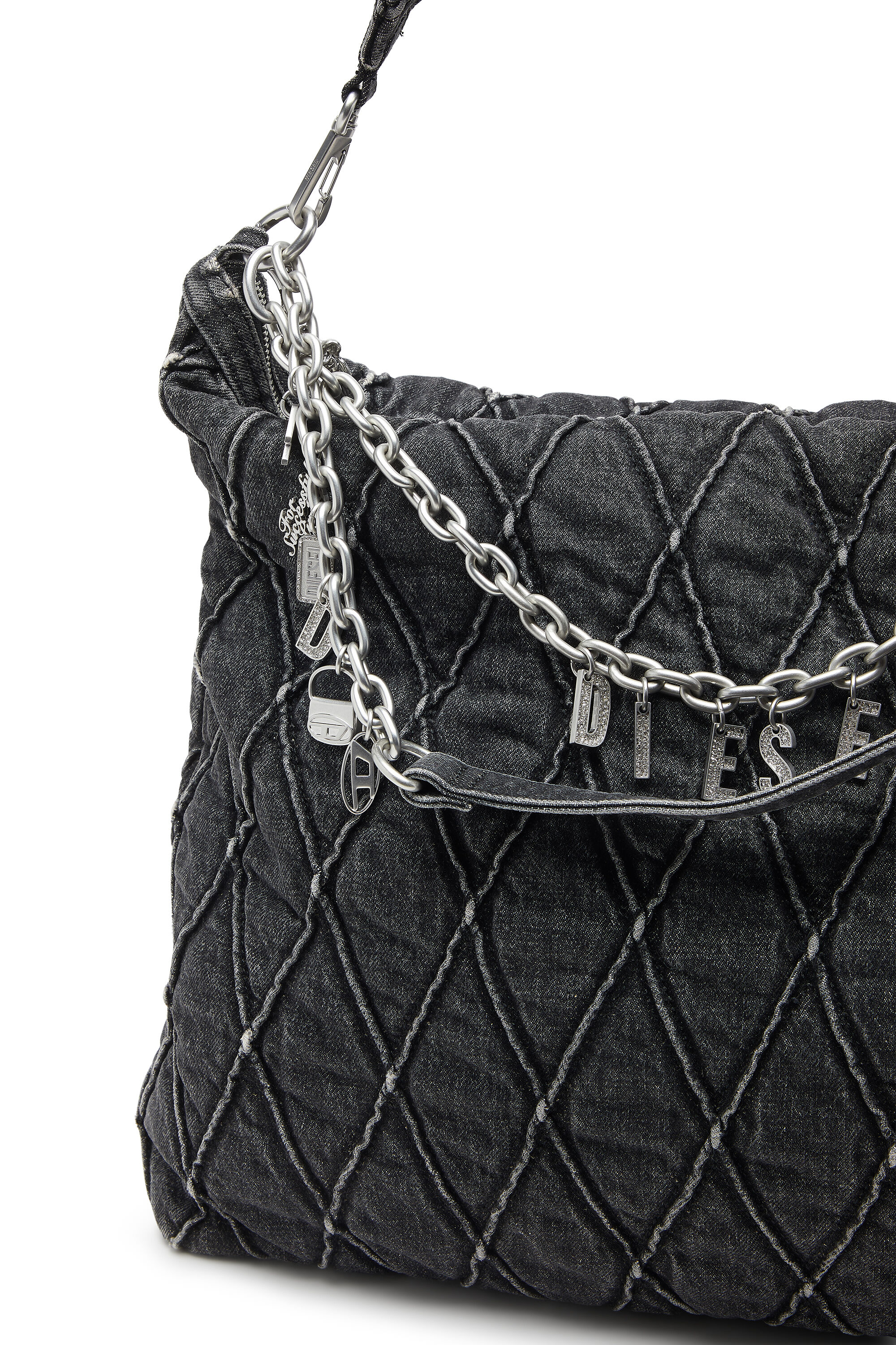Diesel - HOSHI CHARM-D HOBO, Woman's Quilted-denim hobo bag with chain charms in Black - 2