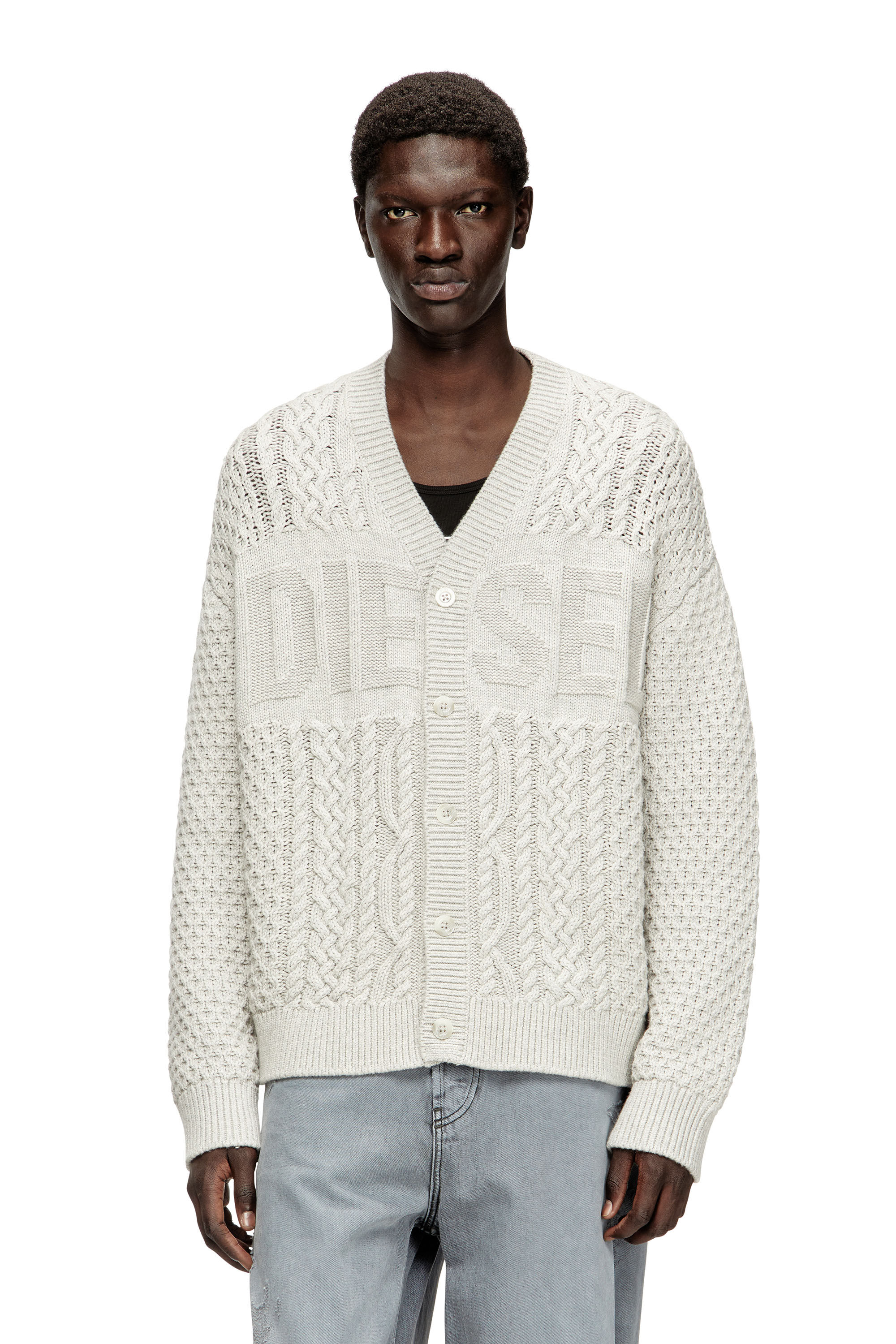 Diesel - K-ANTOINE, Man's Cable-knit cardigan with Diesel logo in Light Grey - 3