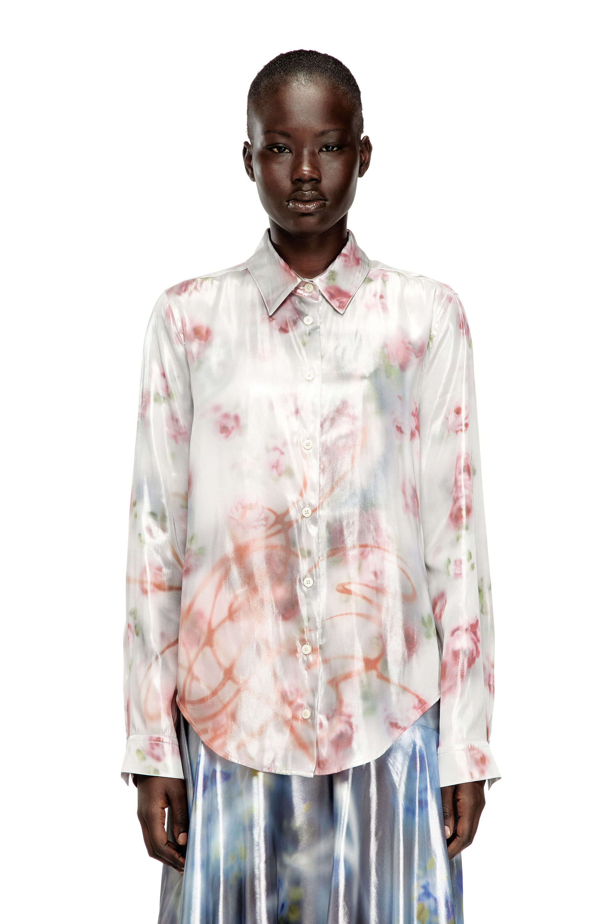 Diesel - C-RONOR-S2, Woman's Metallic shirt with blurred roses print in Pink/White - 3
