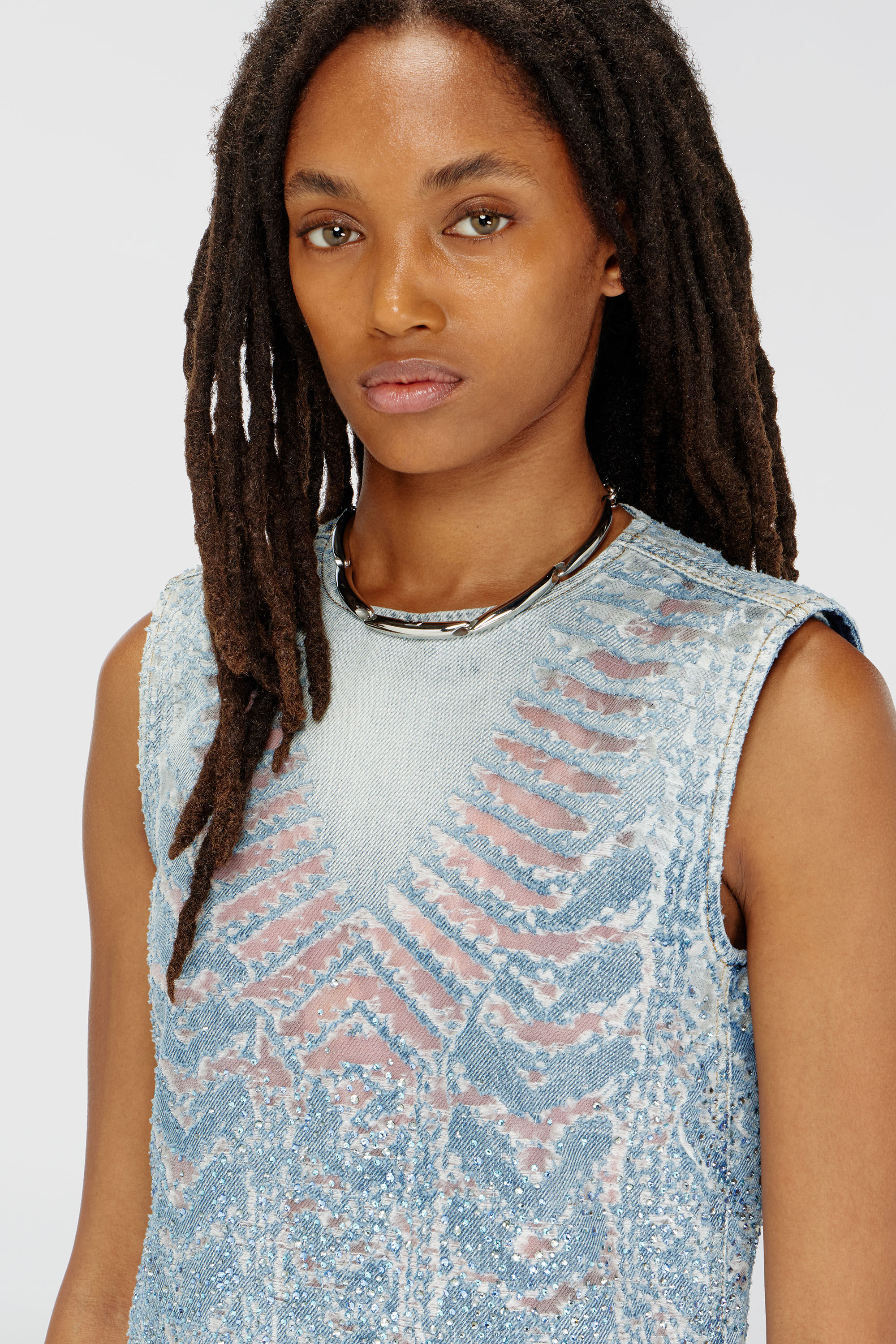 Diesel - DE-MYRELA-S, Woman's Mini dress in microstone devor&eacute; denim in Light Blue - 5