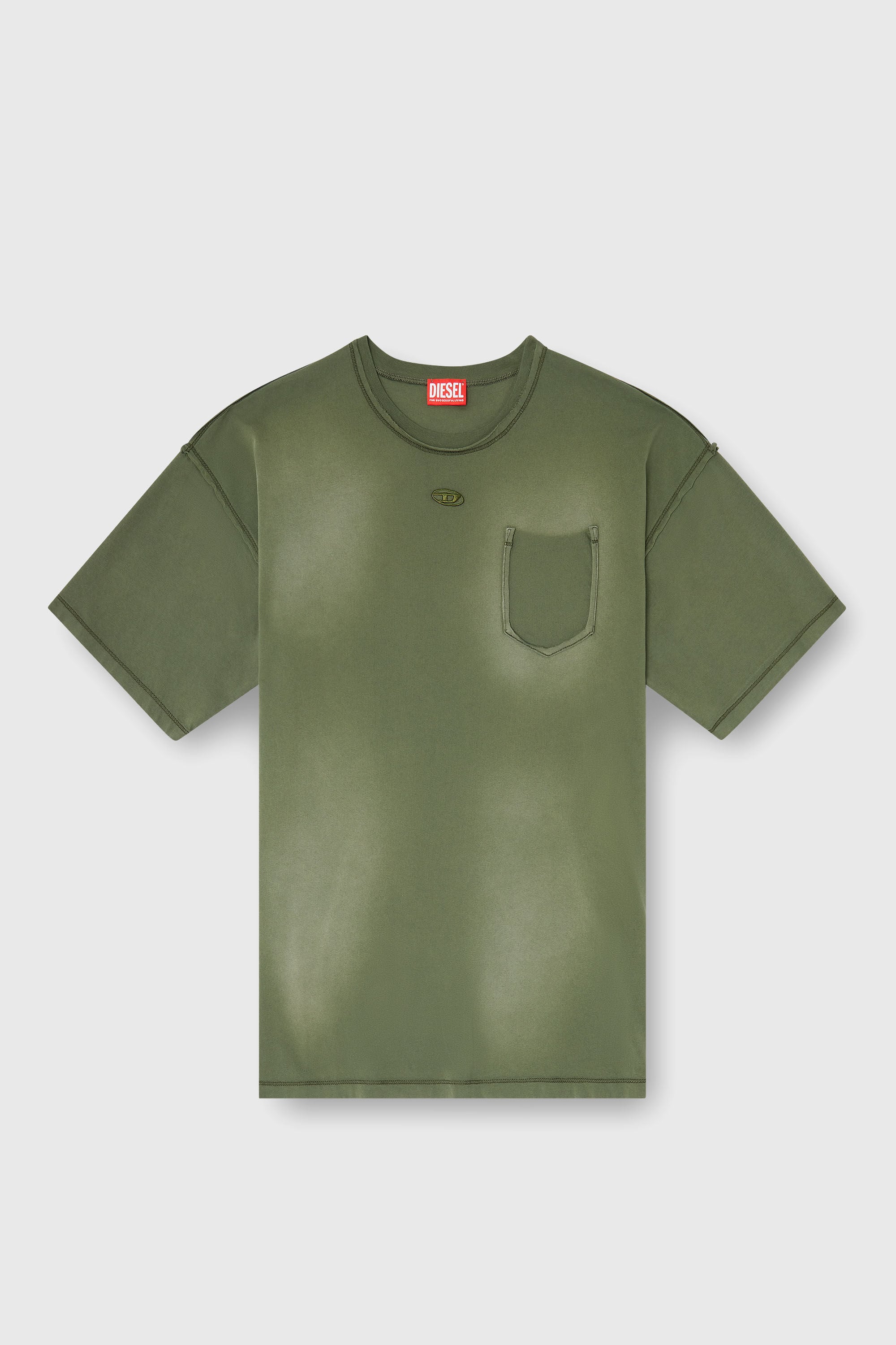 Diesel - T-POCK, Man's Faded T-shirt with ripped pocket detail in Military Green - 2