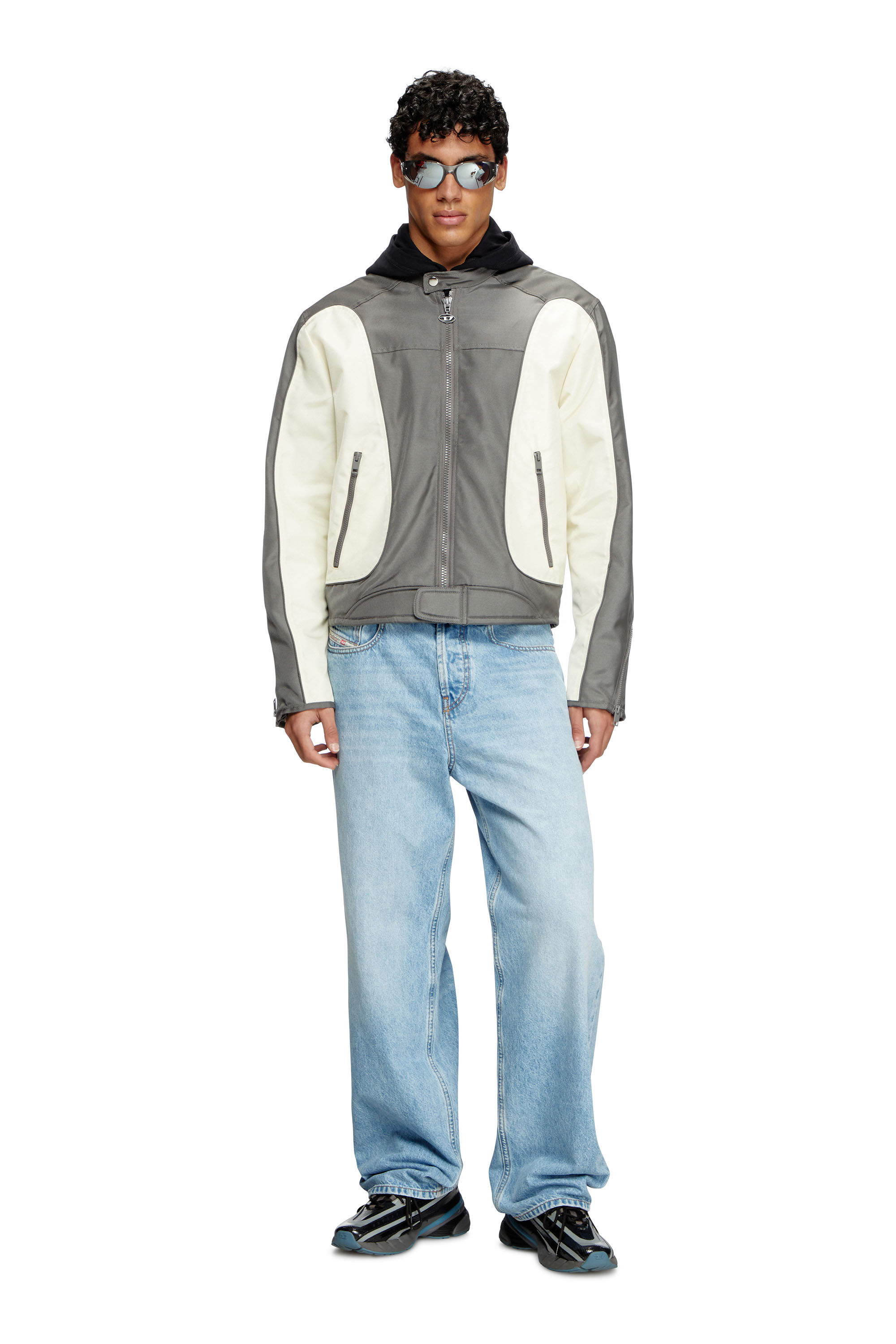 Diesel - J-BLINK-A, Man's Colour-block biker jacket with piping in Grey/White - 1