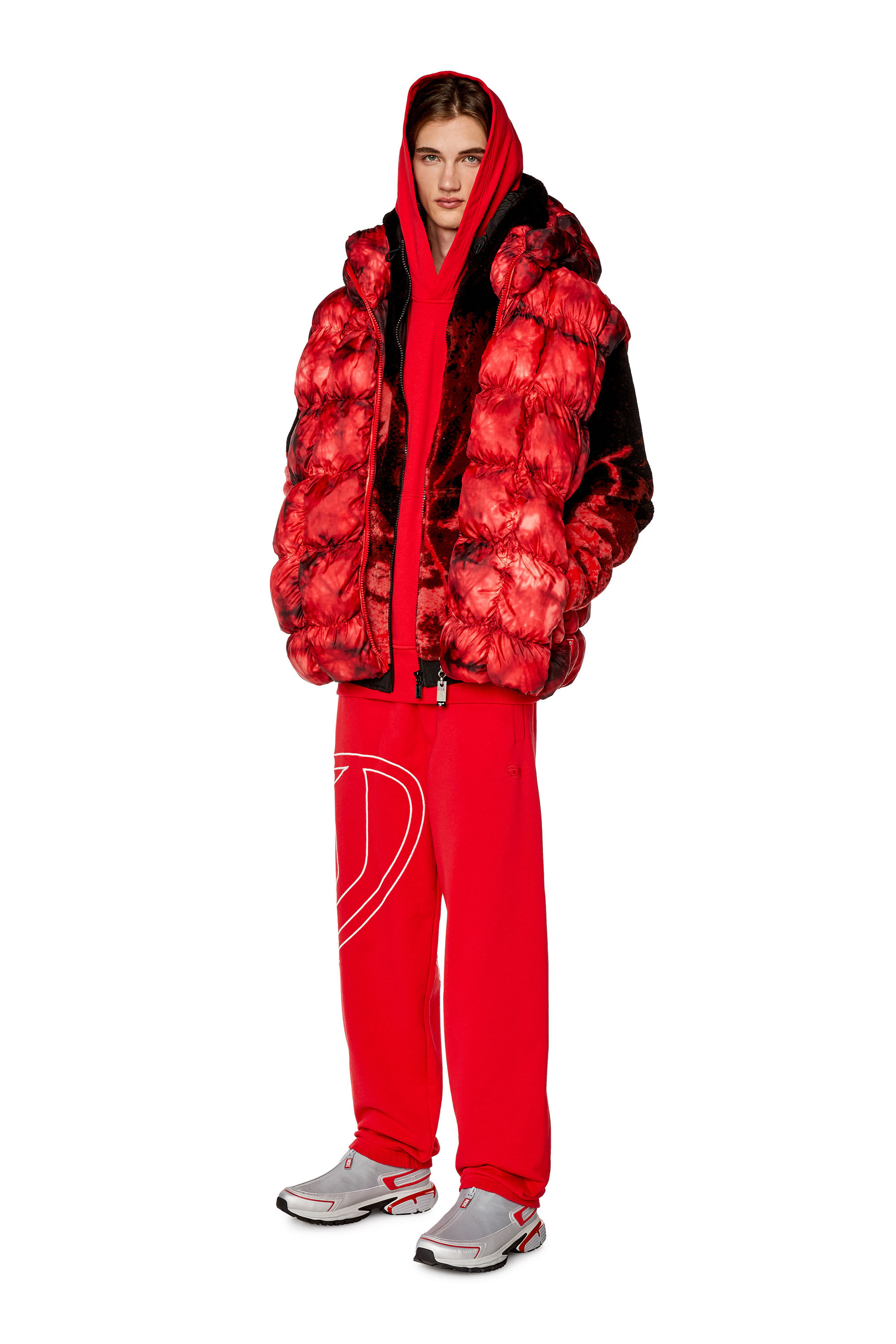 Diesel - W-RALLE-SL, Man's Padded vest jacket with hood in Red - 1
