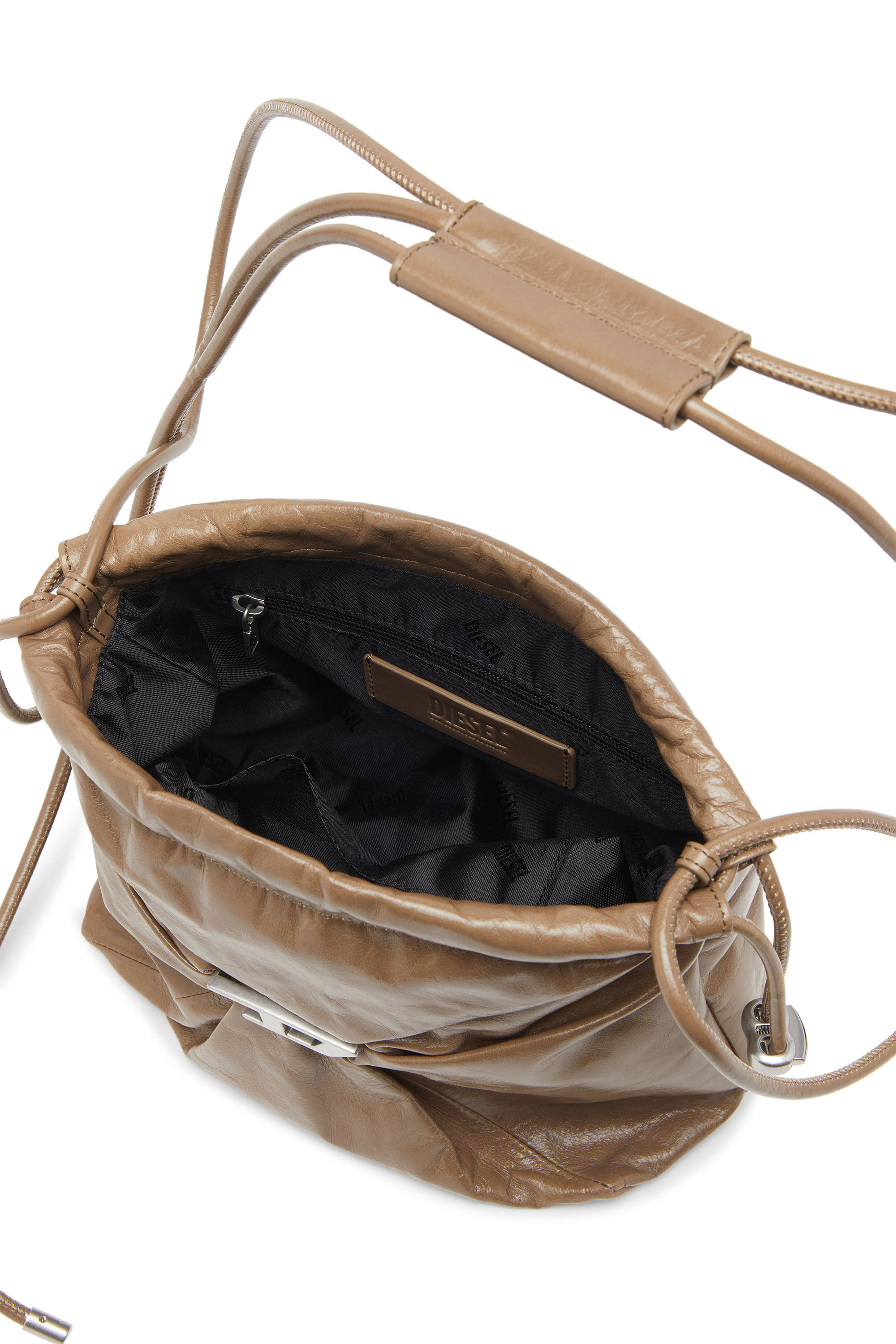 Diesel - SCRUNCH-D BUCKET, Woman's Scrunch-D-Bucket bag in shiny wrinkled leather in Light Brown - 5