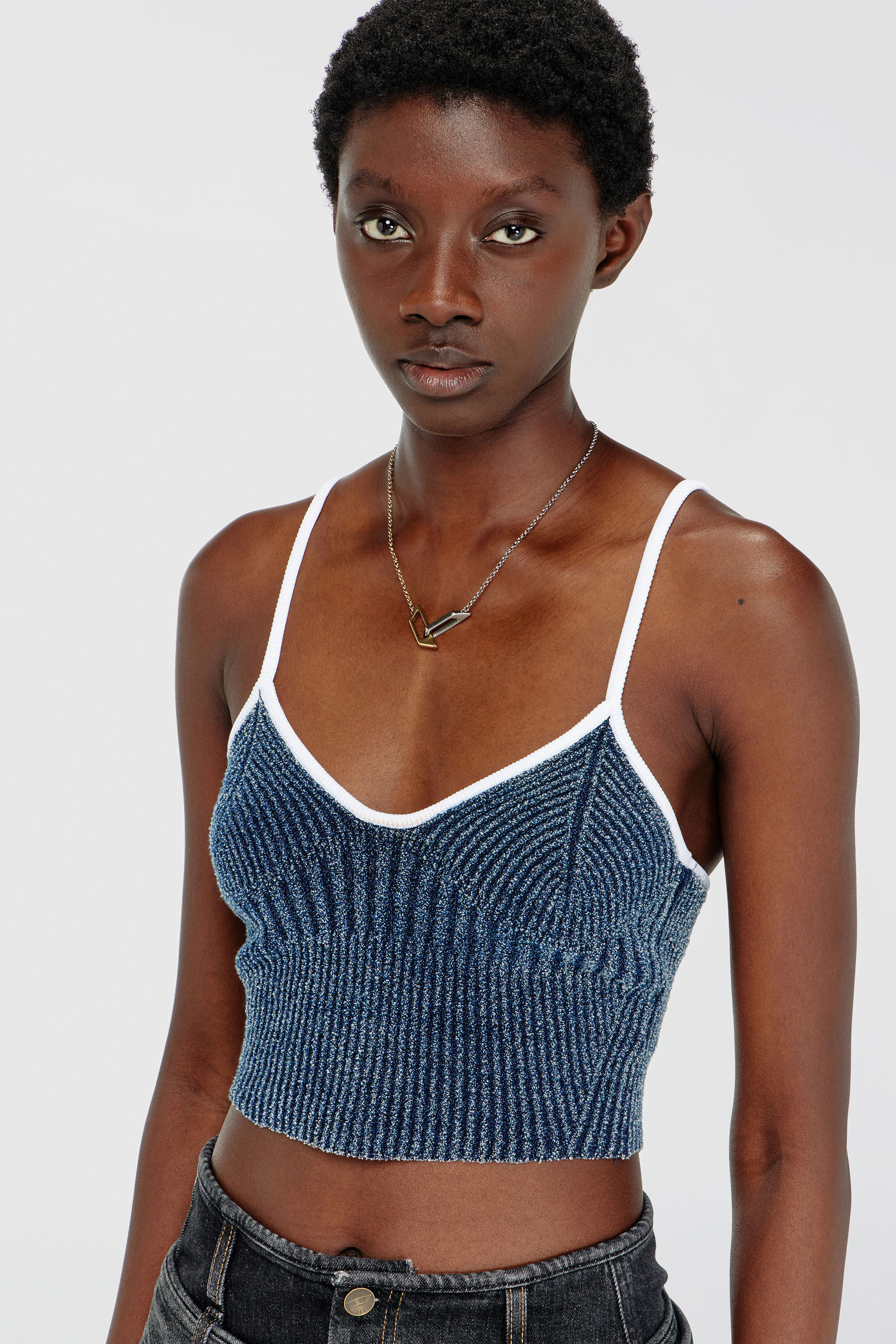 Diesel - M-ESTERE, Woman's Crop top in indigo boucl&eacute; ribbed knit in Blue/White - 5