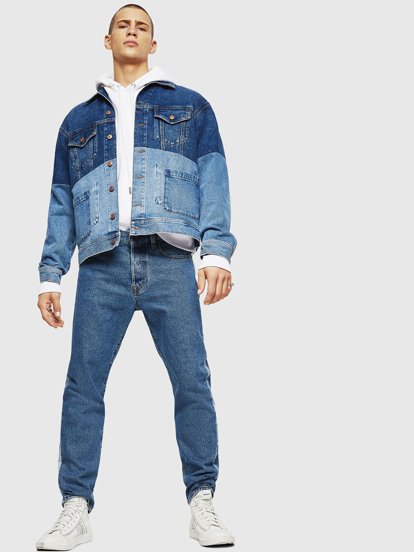 >D Puf Men Trucker Jacket In Colour Block Denim Diesel