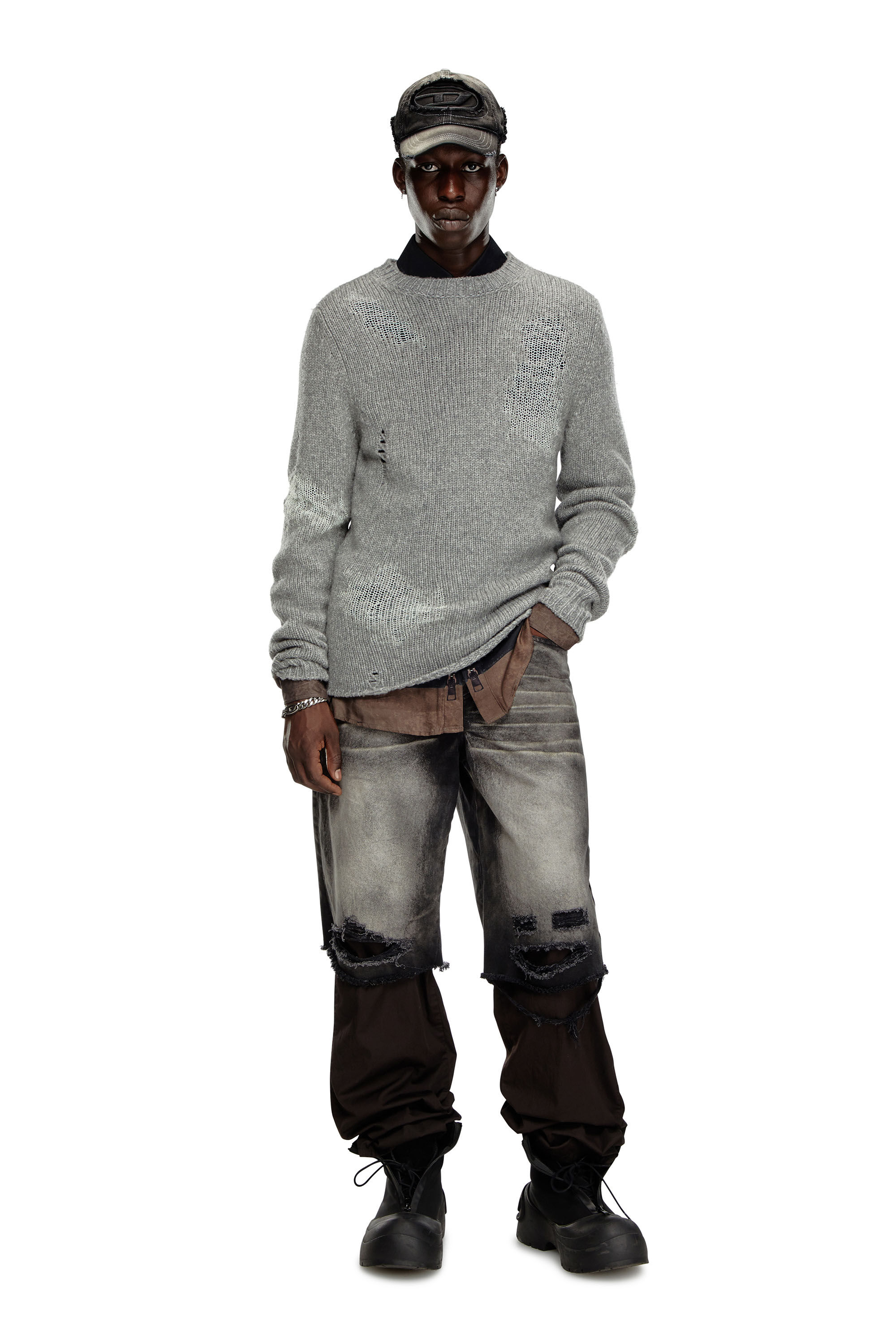 Diesel - K-NORMAN, Man's Distressed jumper in wool blend in Grey - 1