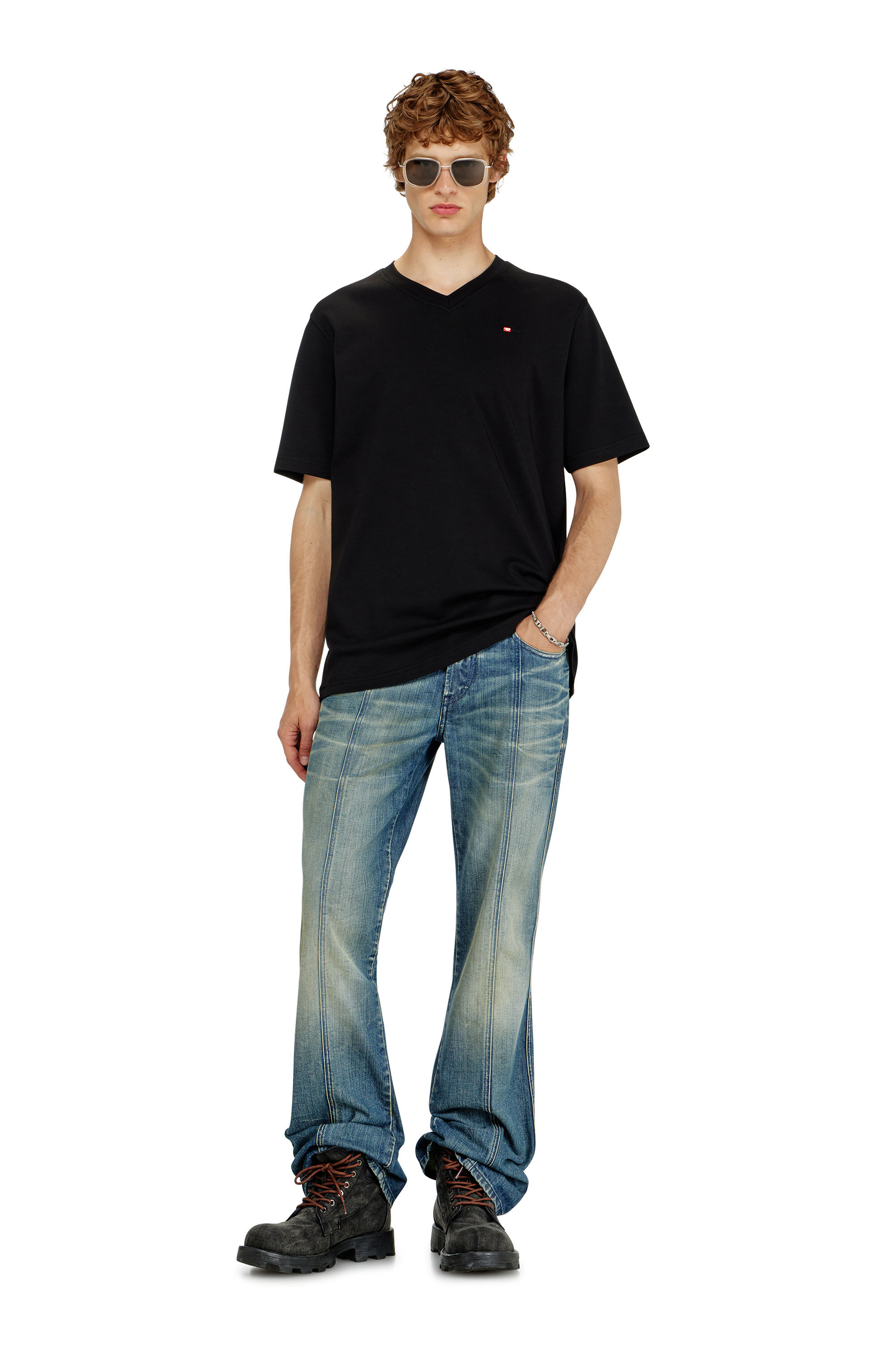 Diesel - T-ADJUST-V-MICRODIV, Man's V-neck T-shirt with micro logo embroidery in Black - 1