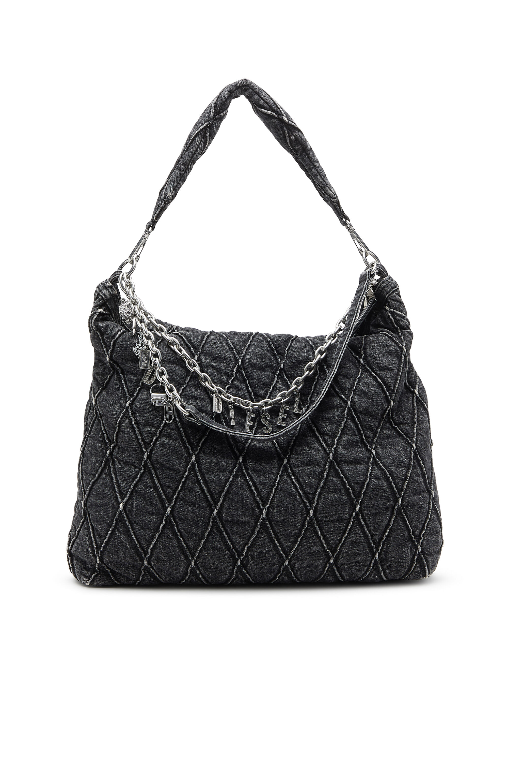 Diesel - HOSHI CHARM-D HOBO, Woman's Quilted-denim hobo bag with chain charms in Black - 1
