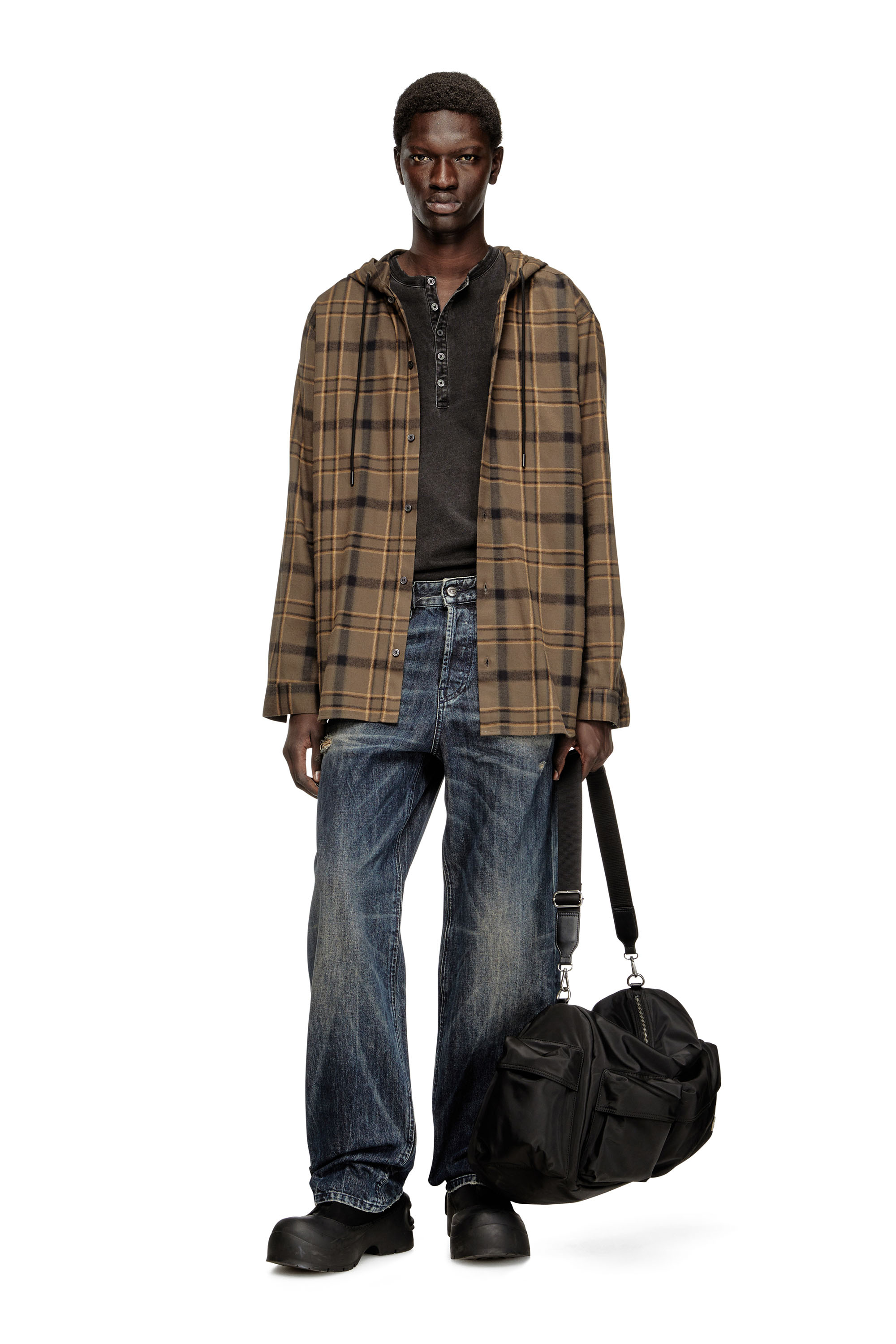 Diesel - S-IX, Man's Hooded shirt in check flannel with logo in null - 2