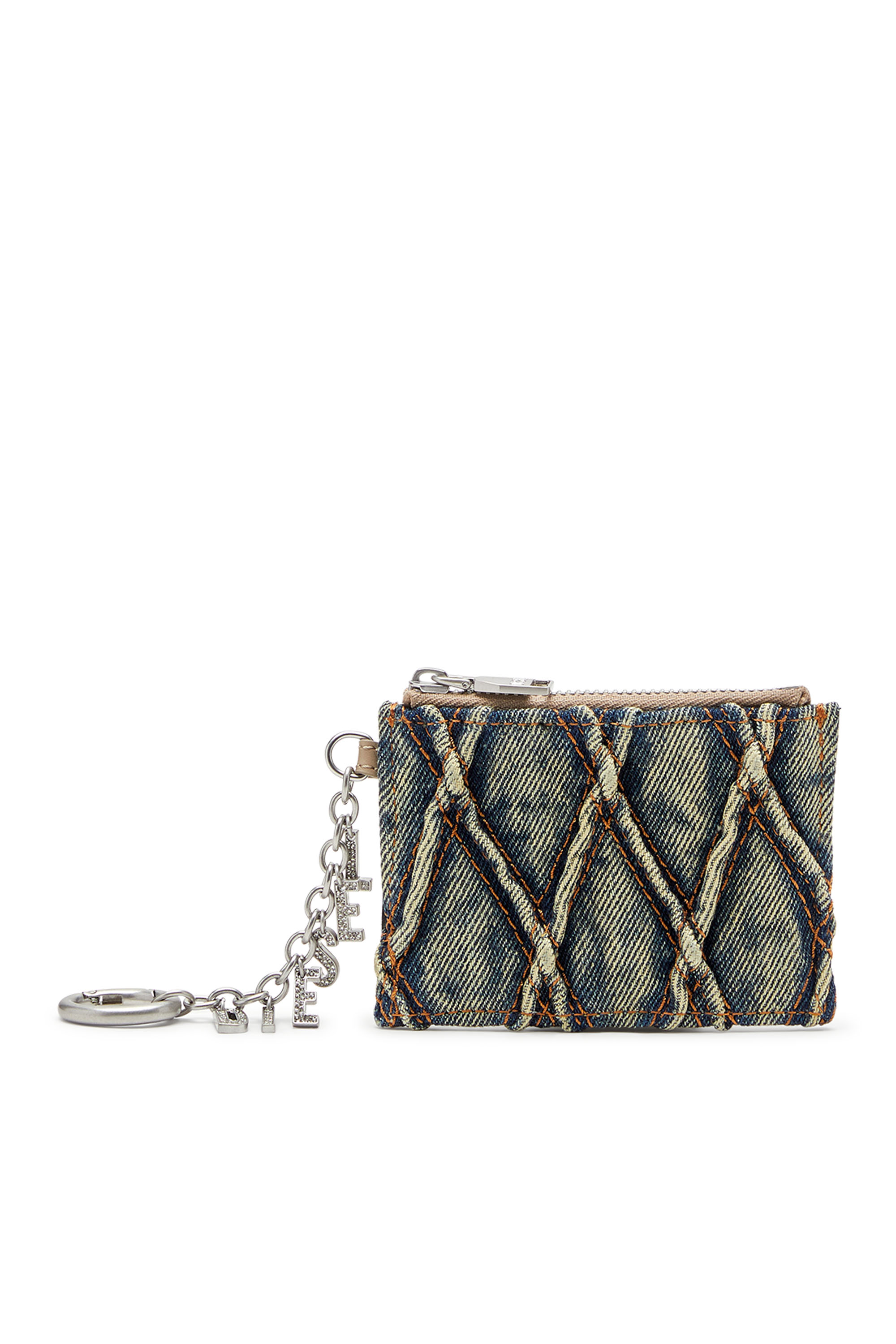 Diesel - CARD HOLDER WITH CHAIN, Woman's Card holder in argyle quilted denim in Blue - 1