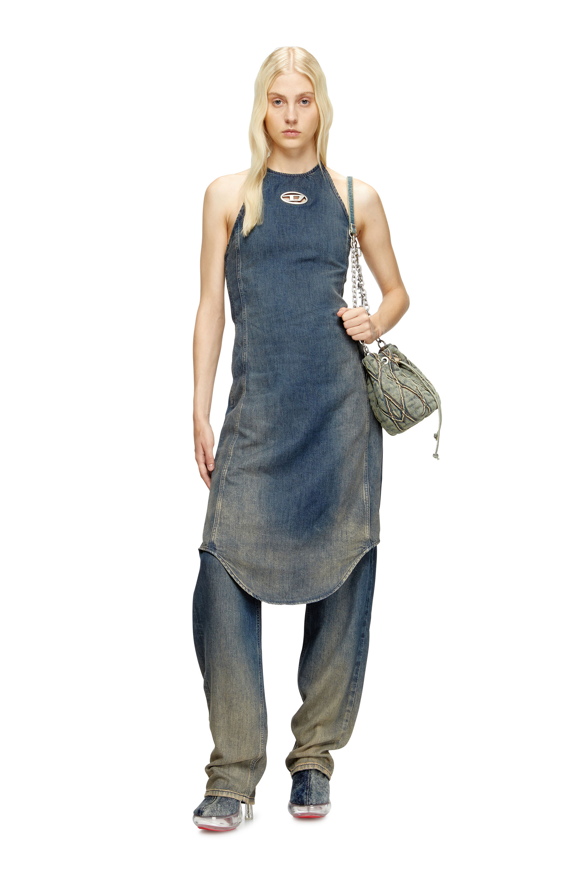 Diesel - DE-CYNTHIA-S, Woman's Halter jumpsuit in gradient fluid denim in Dark Blue - 1