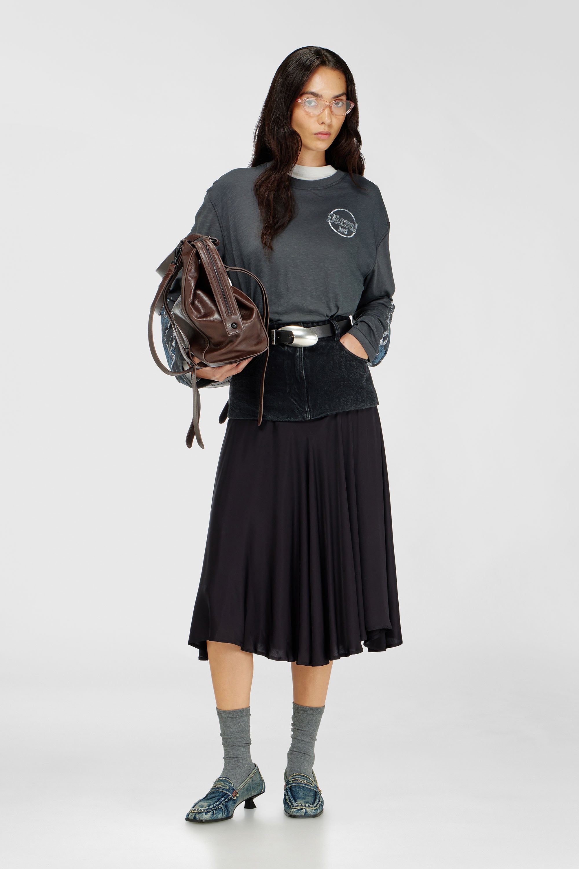 Diesel - T-HILARY-LS-B3, Woman's Long-sleeve T-shirt in slub jersey with crack print in Dark grey - 2