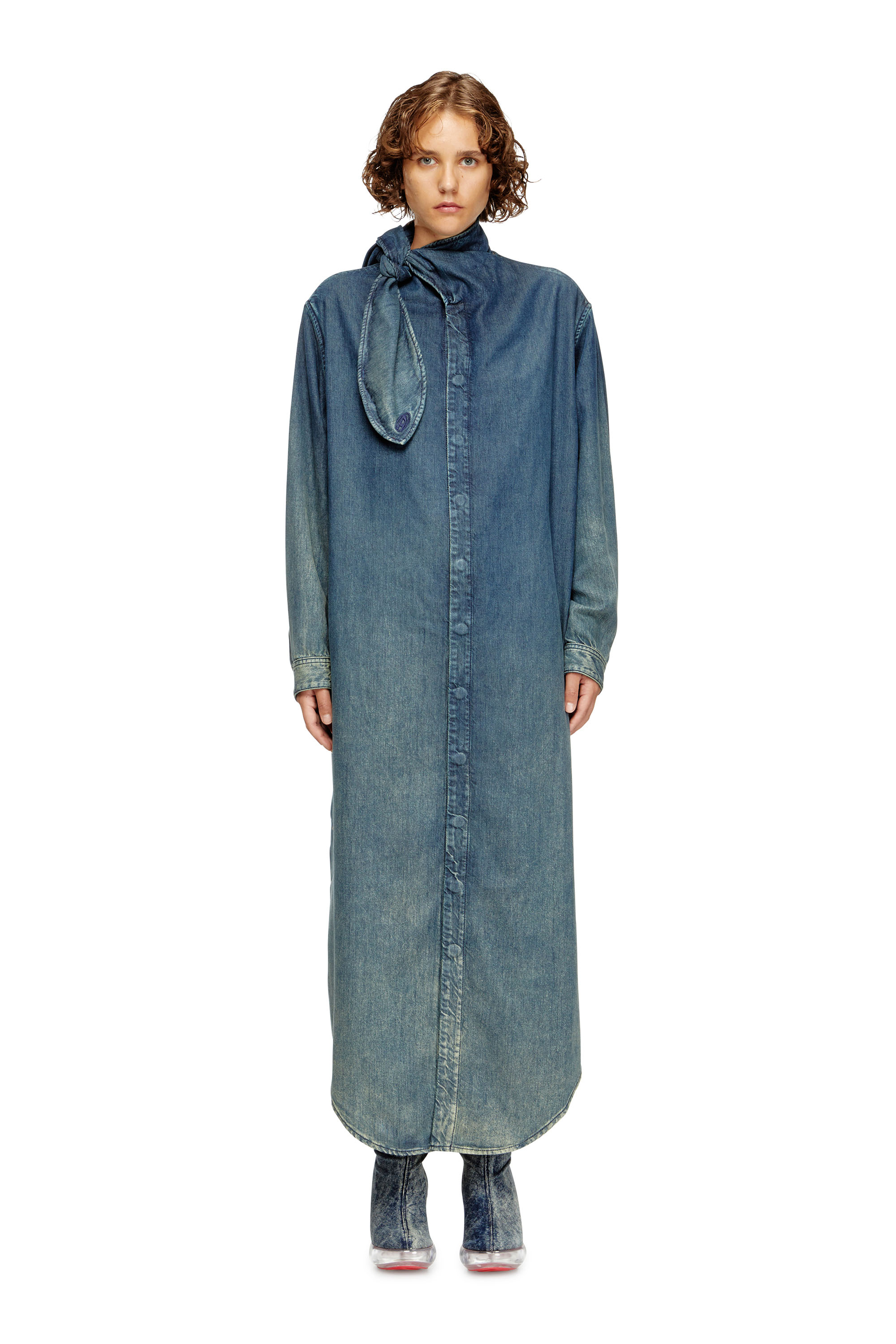 Diesel - DE-BARBARA-S, Woman's Long shirt dress in fluid denim in Dark Blue - 2