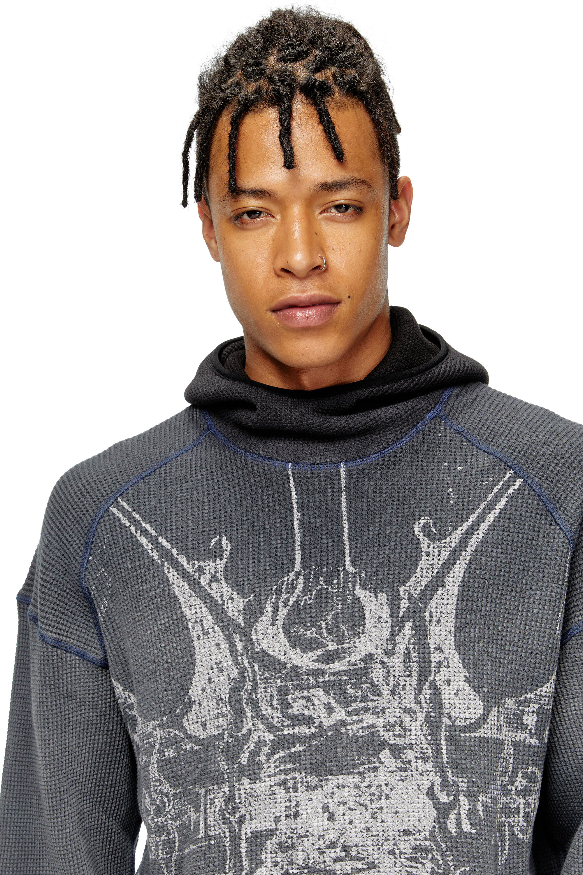 Diesel - S-WAF-HOOD-NEW, Man's Faded waffle hoodie with graphic print in Black - 5