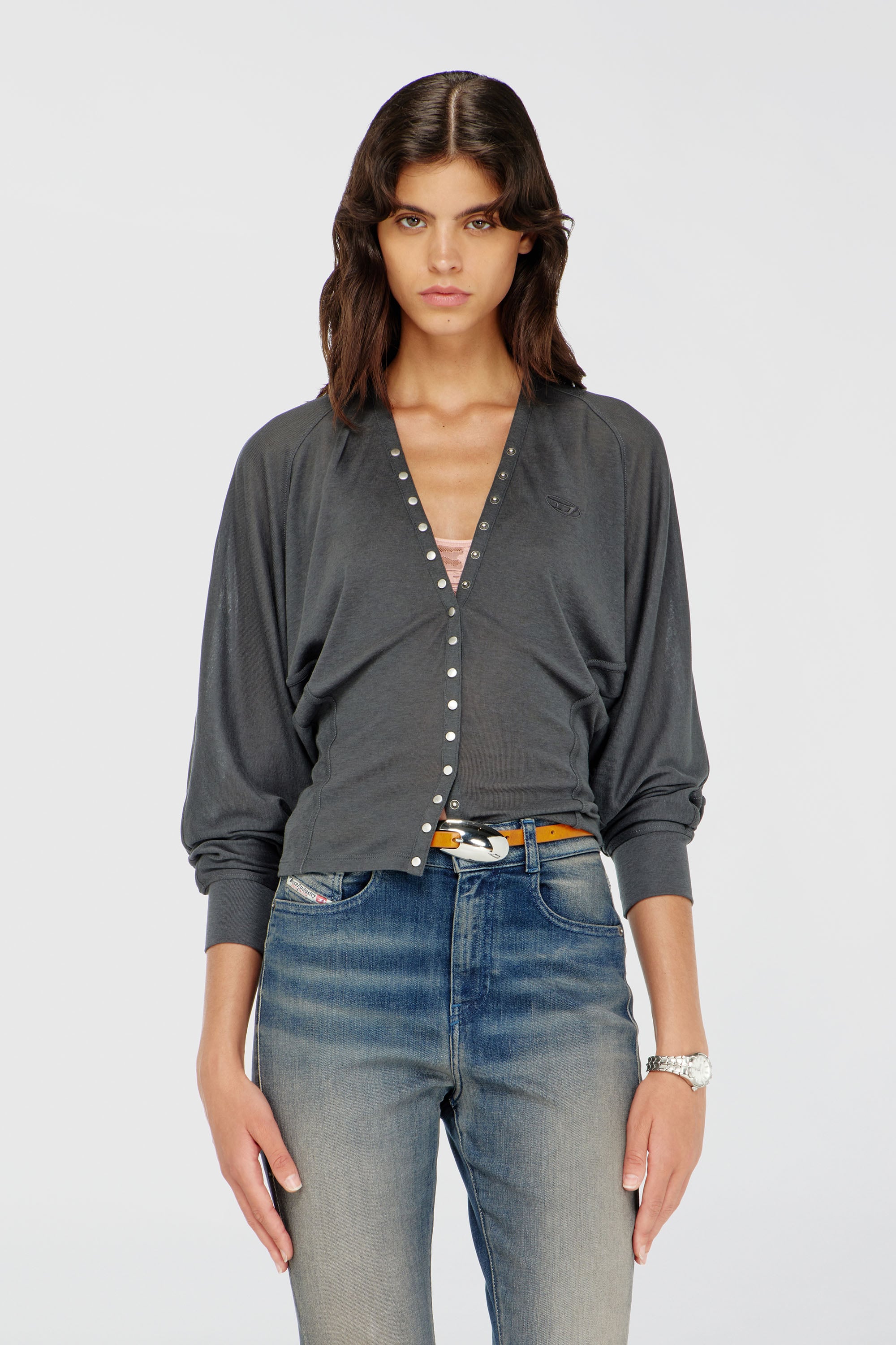 Diesel - T-ISERINA, Woman's Tencel-blend cardigan top with batwing sleeves in Grey - 2