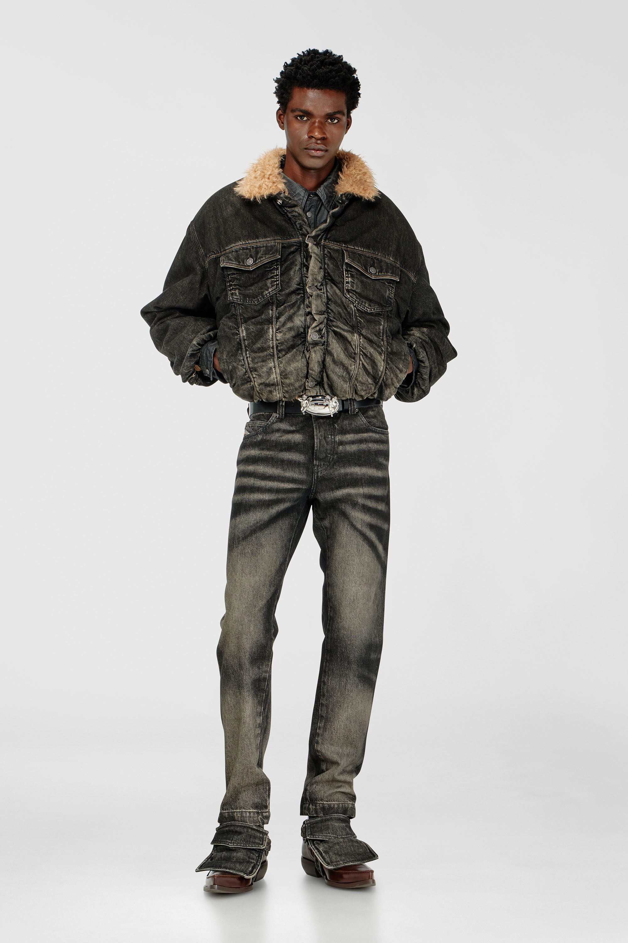 Diesel - D-CURLY-FSJ, Unisex's Teddy-lined trucker jacket in dirty-effect denim in Black/Dark grey - 1