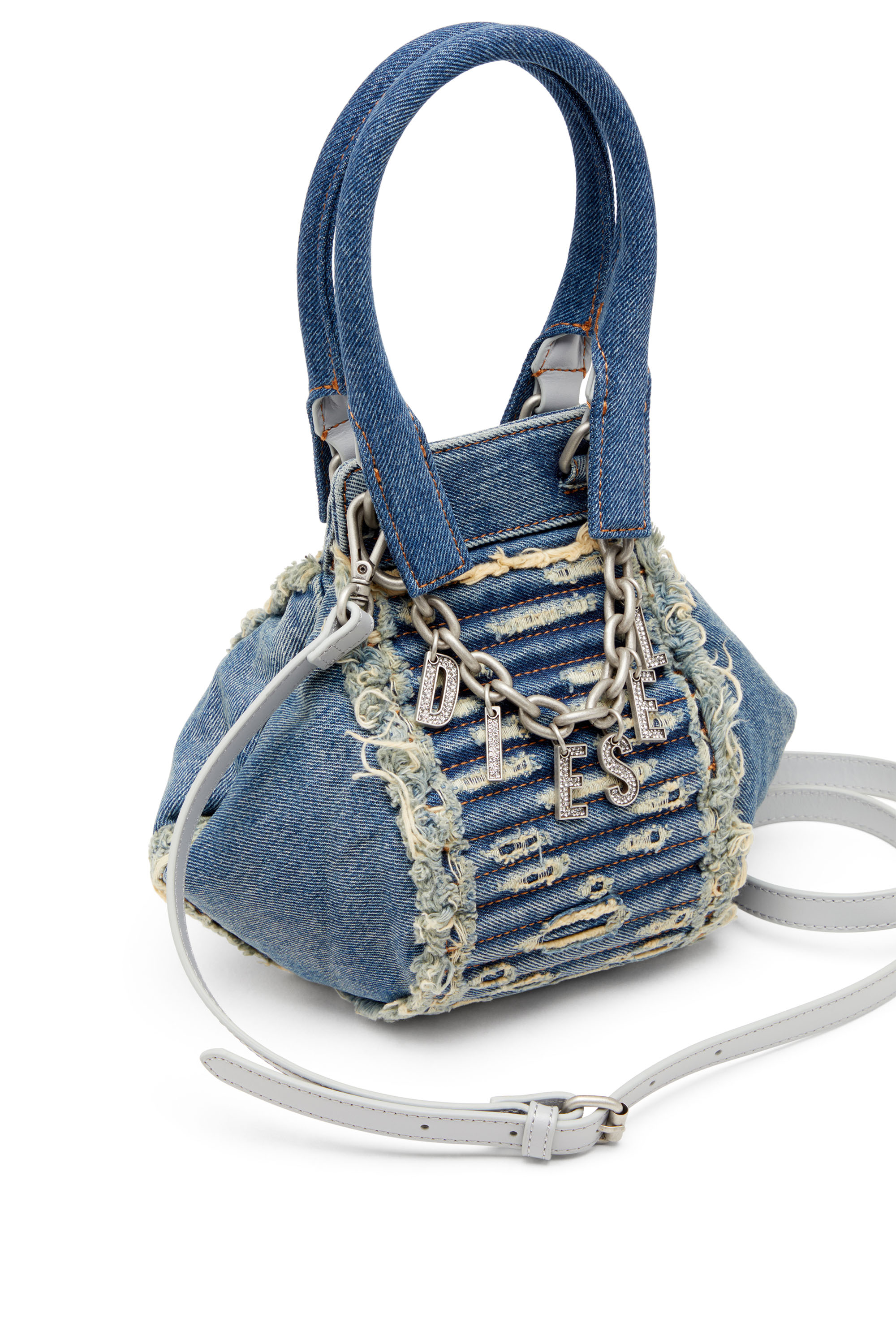 Diesel - D-VINA-XS, Woman's D-Vina-Xs-Handbag in distressed quilted denim in Blue - 6