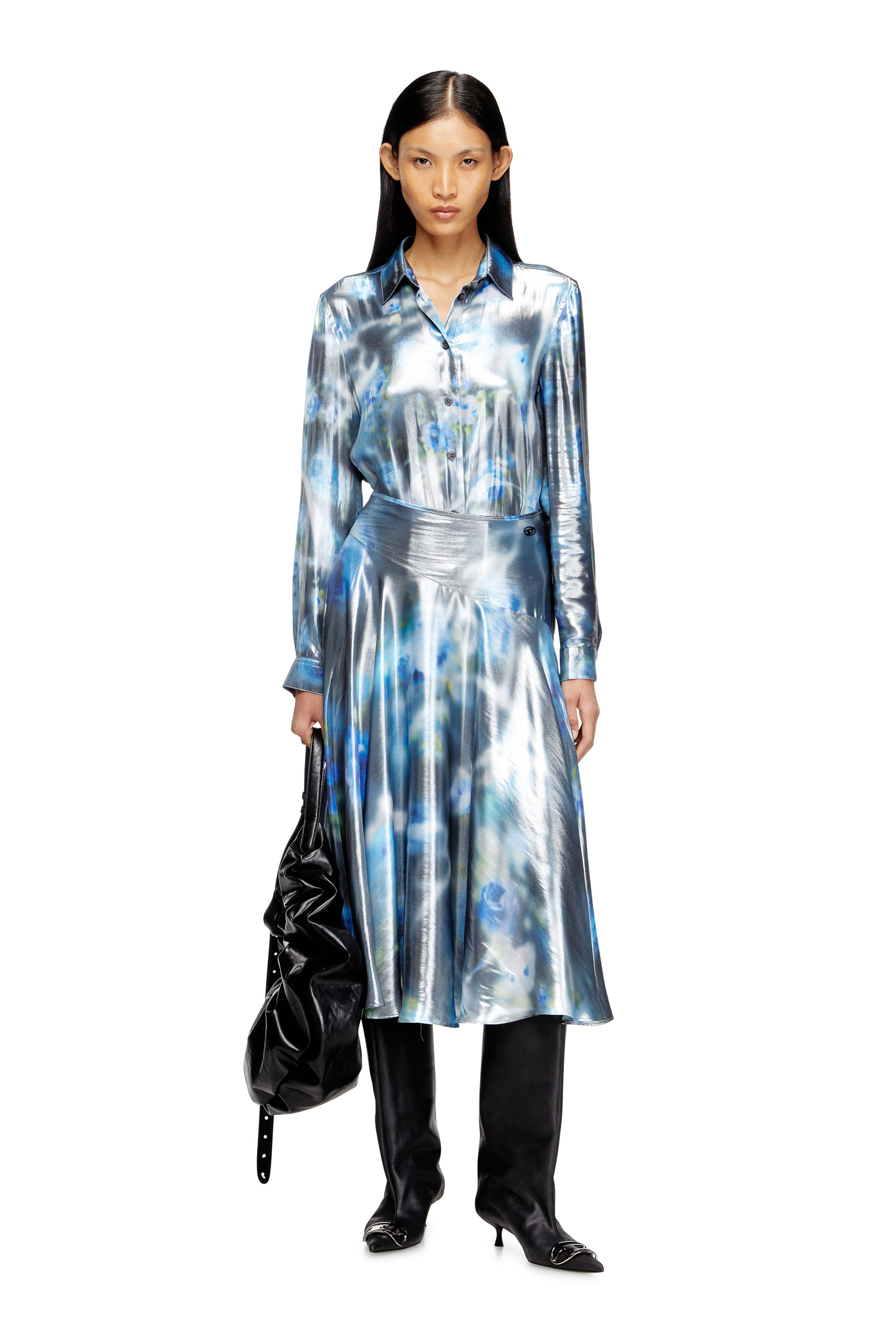 Diesel - C-RONOR-S2, Woman's Metallic shirt with blurred roses print in Blue - 2
