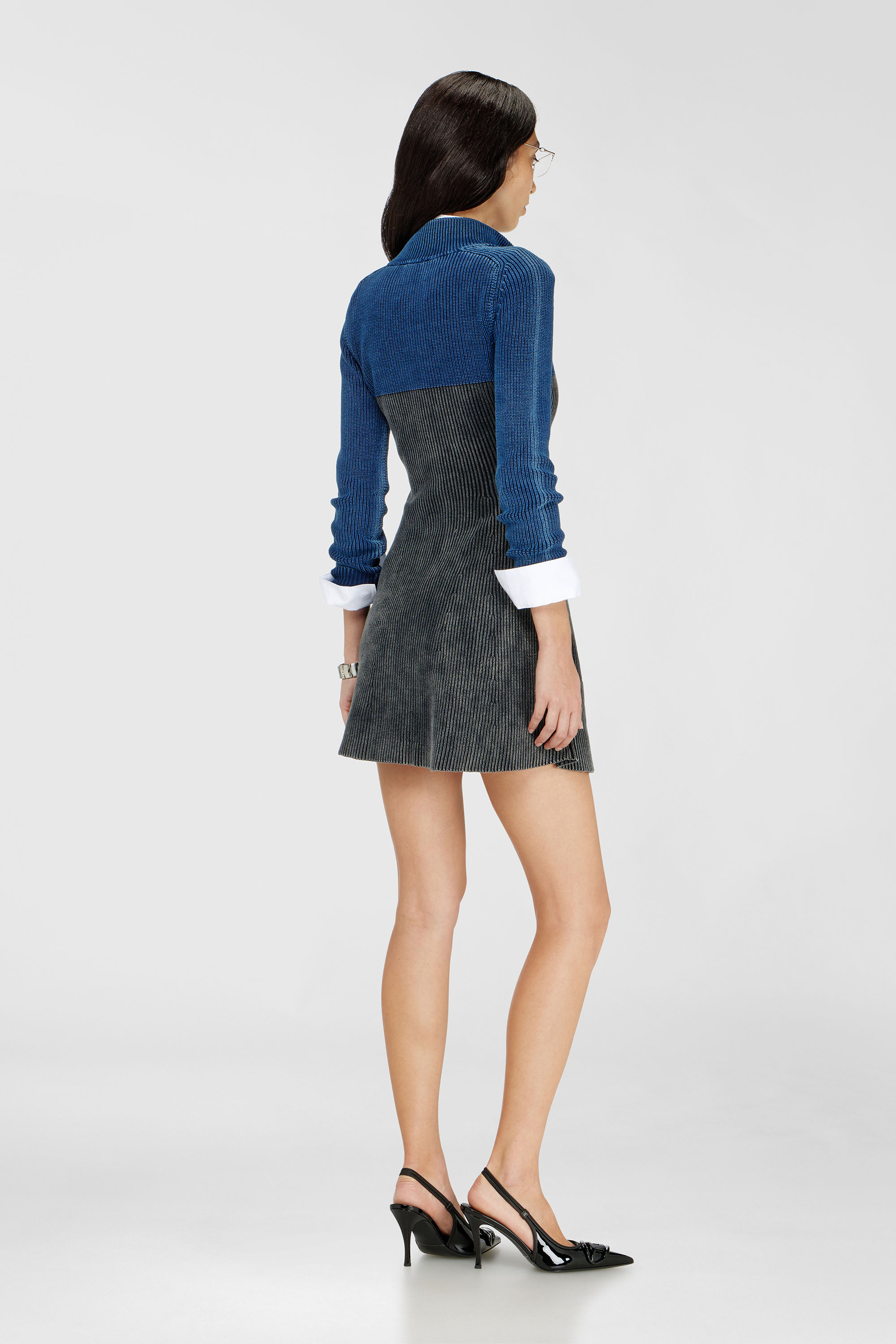 Diesel - M-HERMOSA, Woman's Rib-knit mini dress with two-tone denim effect in Blue/Black - 4