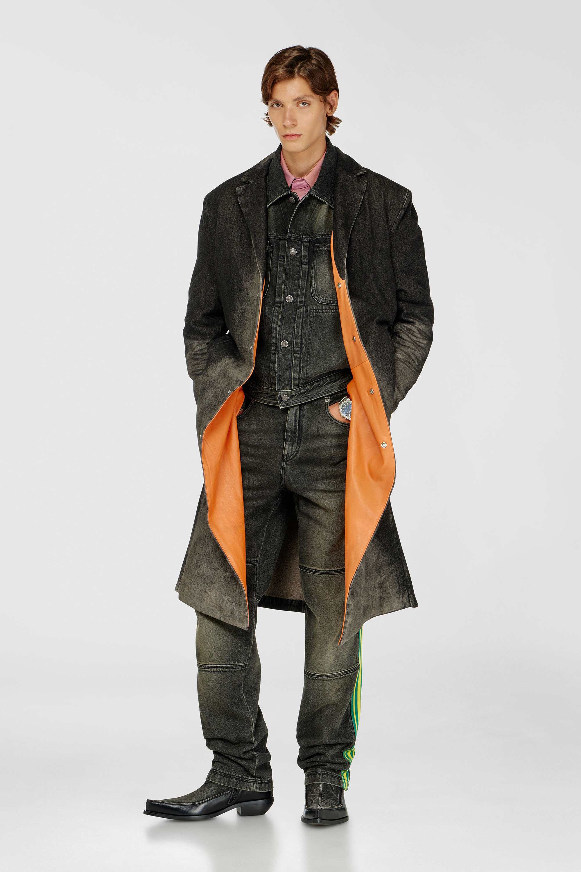Diesel - D-IANCH-FSJ, Unisex's Long coat in dirty-effect denim in Black/Dark grey - 1