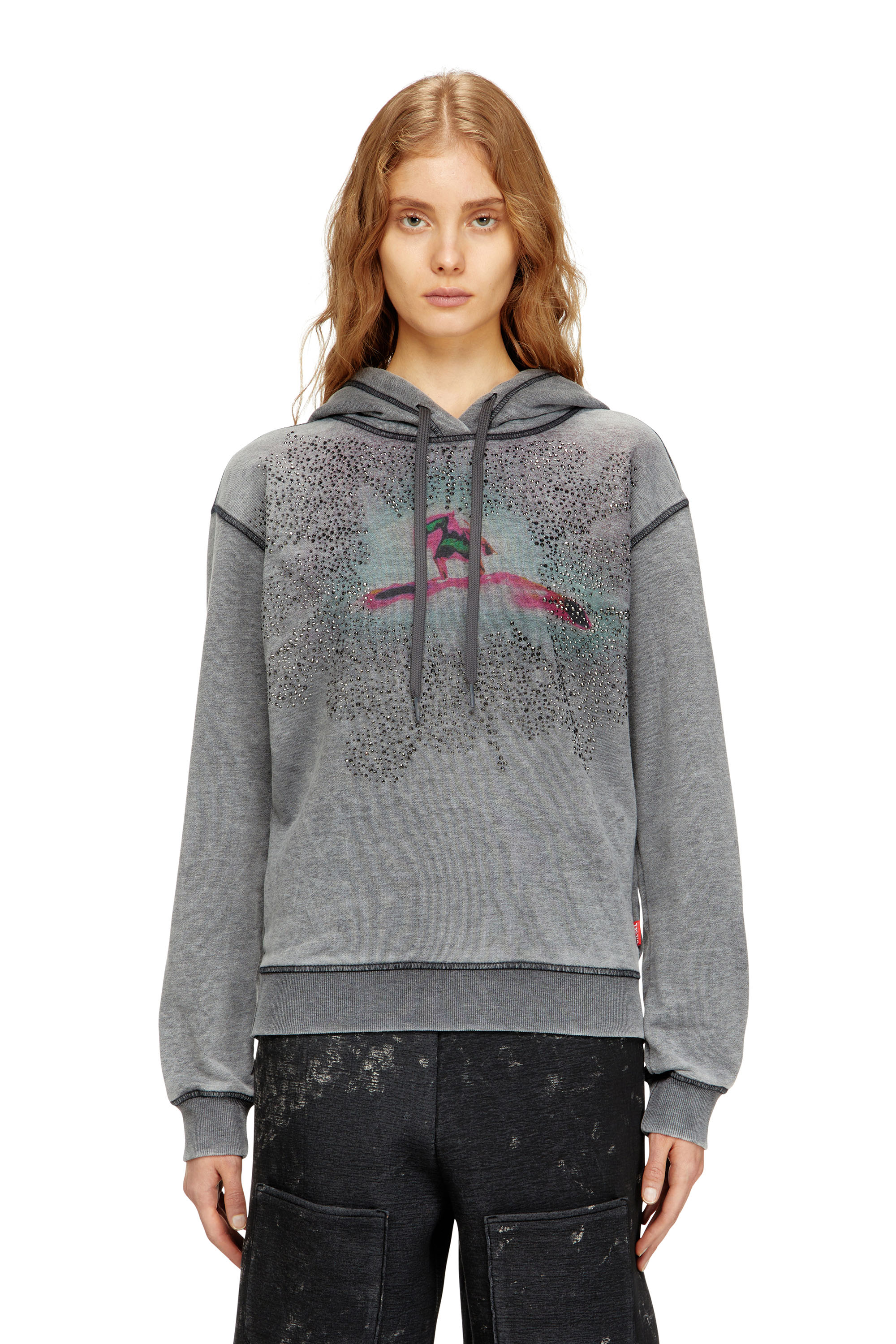 Diesel - F-NORMY-HOOD-S1, Woman's Hoodie with digital graphic and rhinestone detailing in Grey - 3