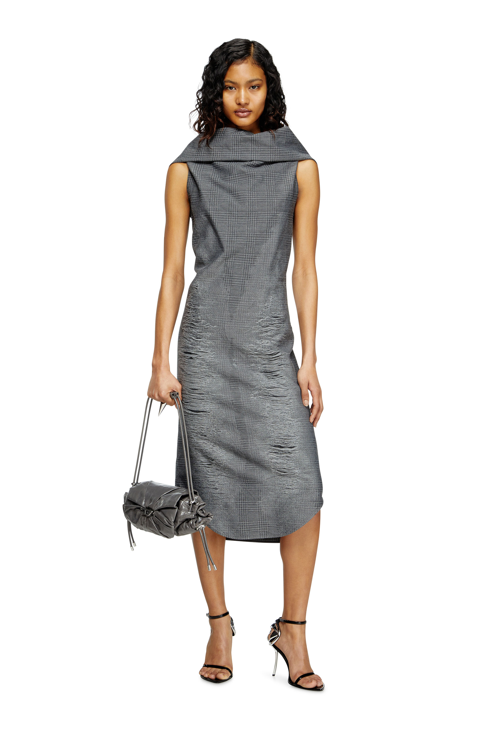 Diesel - D-MAUVE, Woman's Prince of Wales midi dress with distressing in Grey - 2