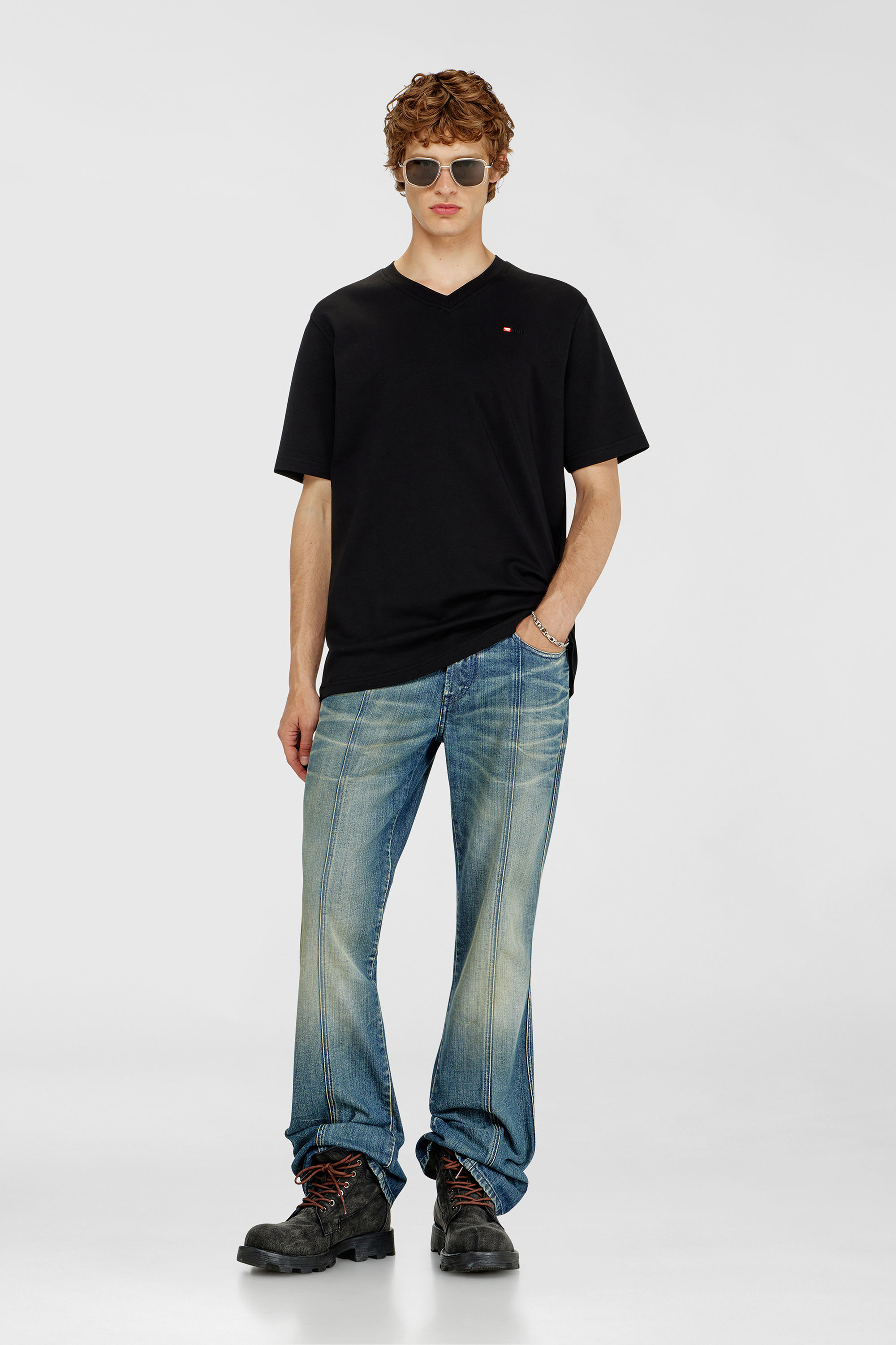 Diesel - T-ADJUST-V-MICRODIV, Man's V-neck T-shirt with micro logo embroidery in Black/Red - 1