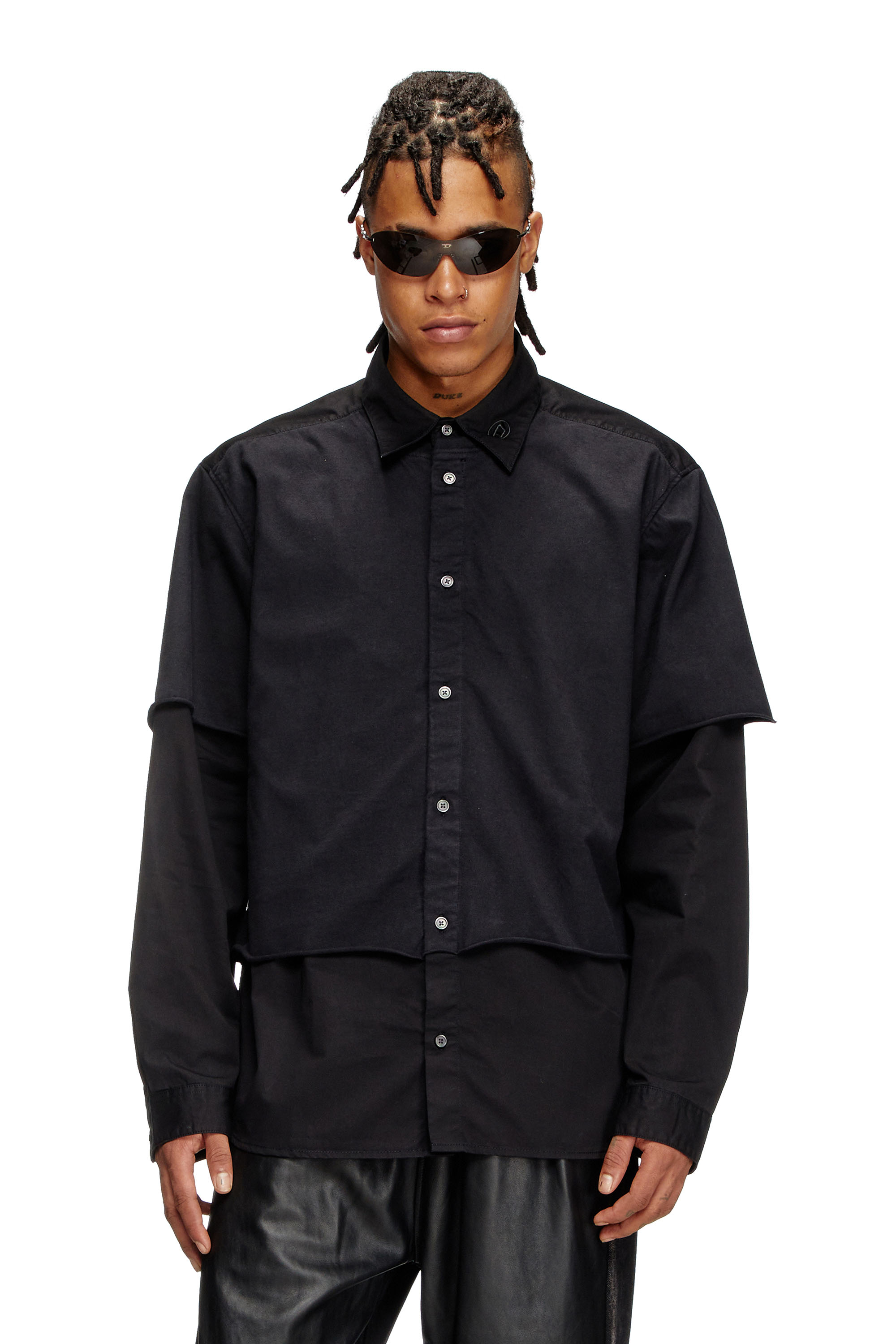 Diesel - S-GASTON-O, Man's Layered shirt in twill and jersey in Black - 1