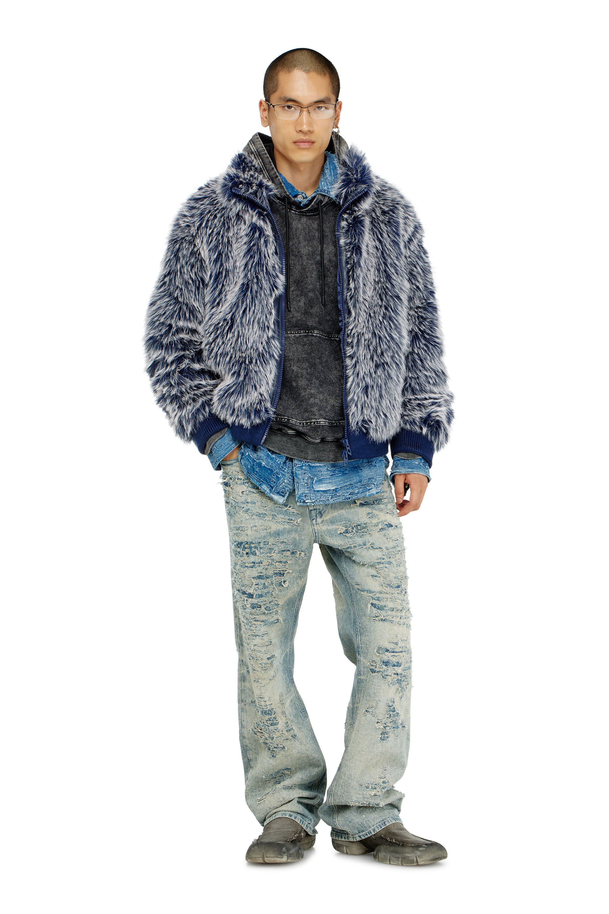 Diesel - W-VICTOR, Man's Shaggy winter jacket in Medium blue - 2