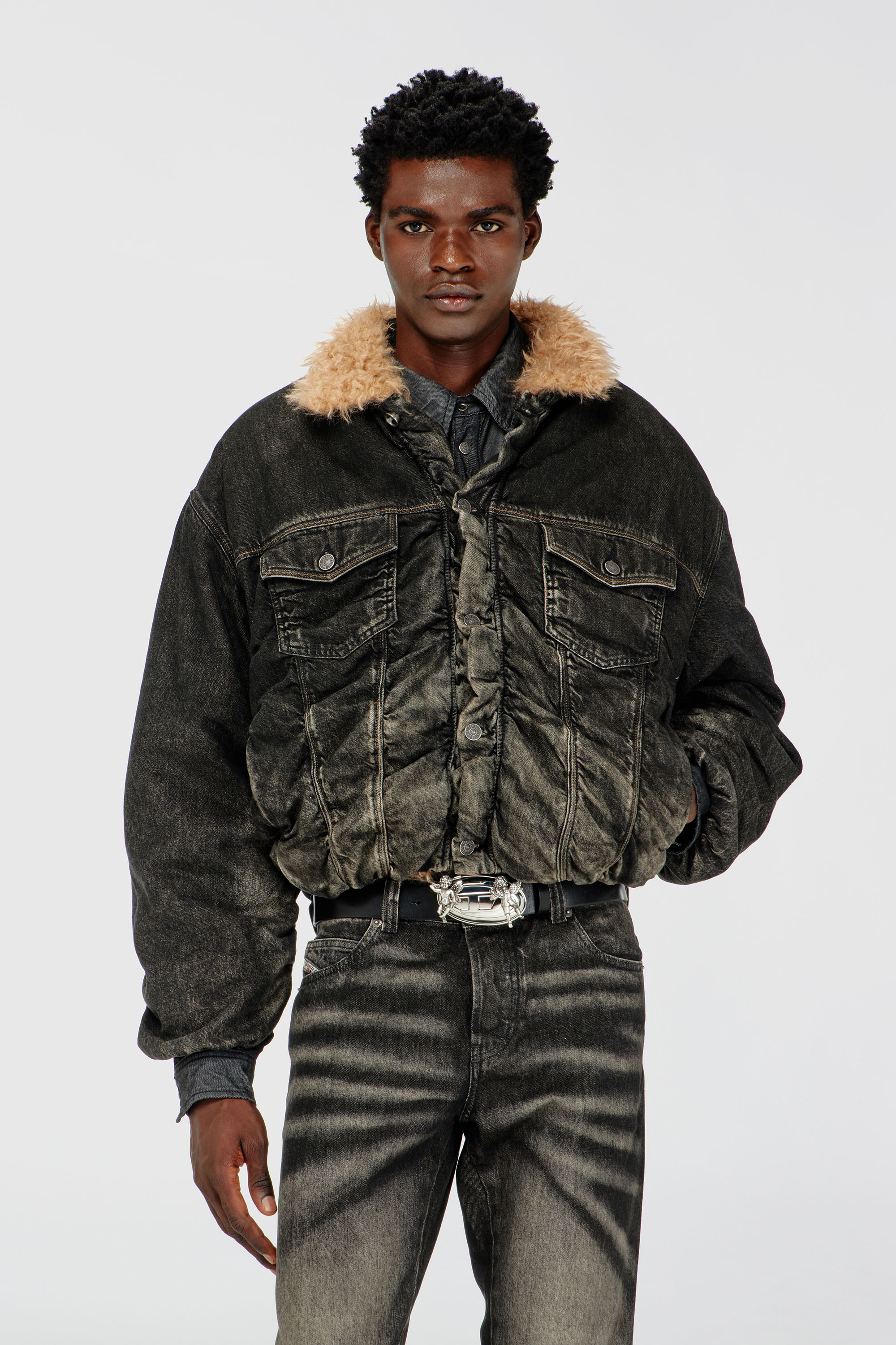 Diesel - D-CURLY-FSJ, Unisex's Teddy-lined trucker jacket in dirty-effect denim in Black/Dark grey - 3