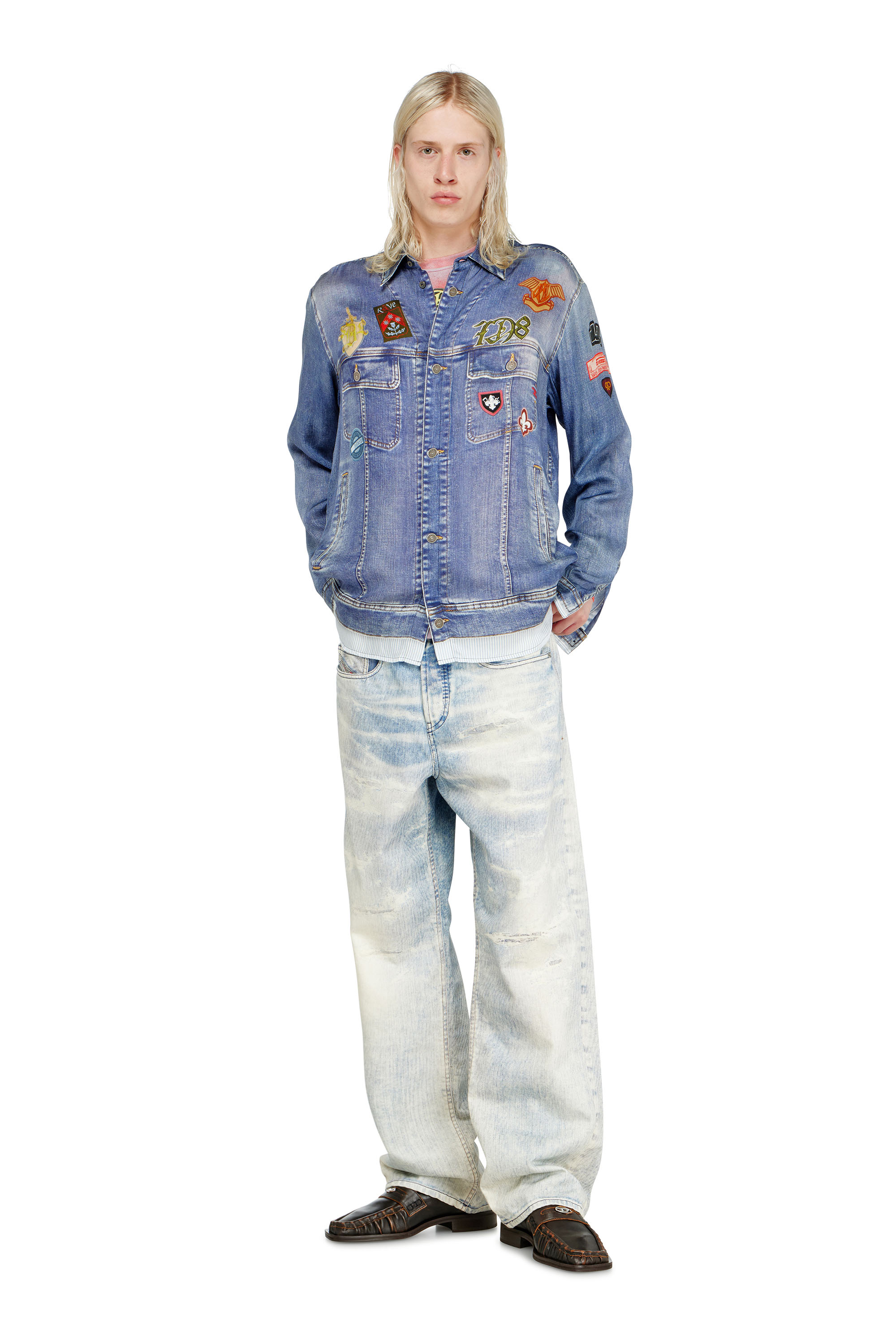 Diesel - S-SIMPLY-PATCH, Man's Satin shirt with trompe-l'oeil denim print in null - 1