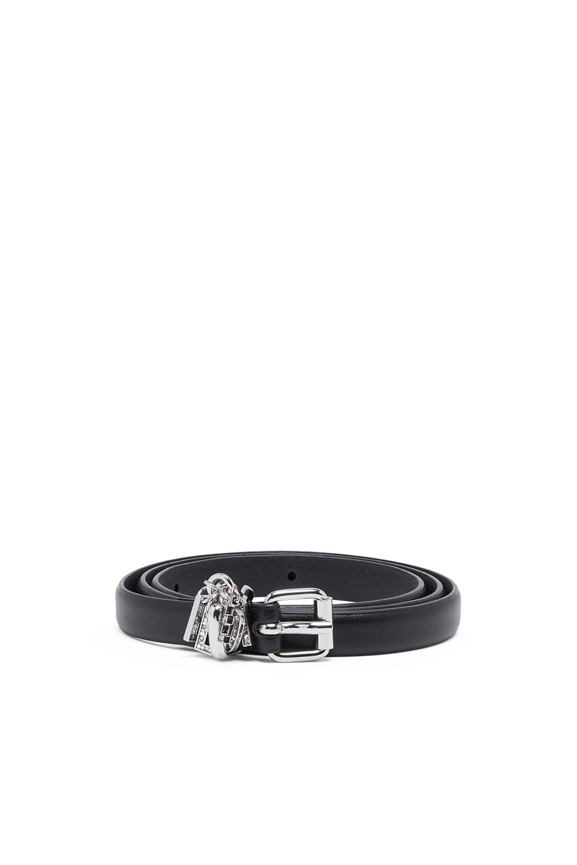 Diesel - B-CHARM-LOOP, Woman's 1.4cm leather belt with crystal logo charms in Black - 1