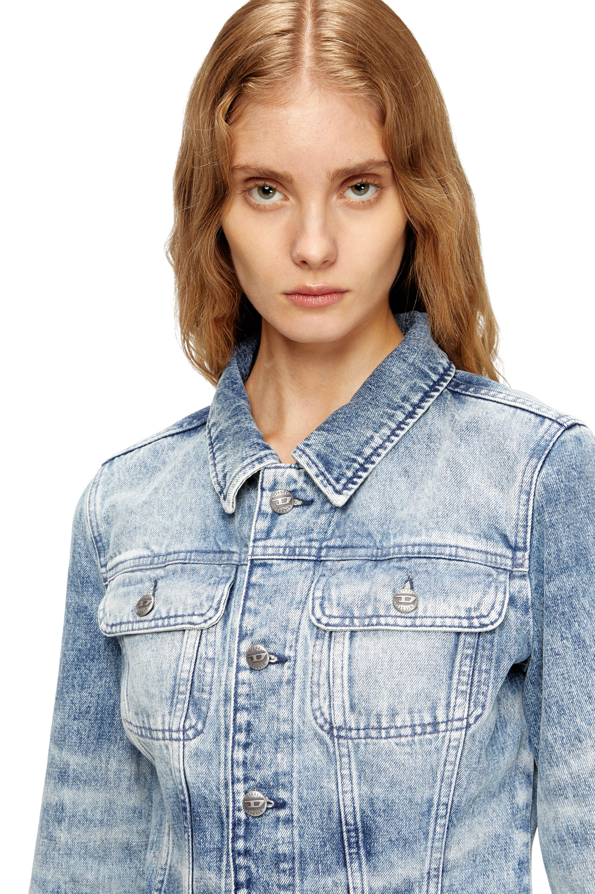 Diesel - DE-KATERIN-FSH, Woman's Fitted jacket in lasered cotton-hemp denim in Light Blue - 5