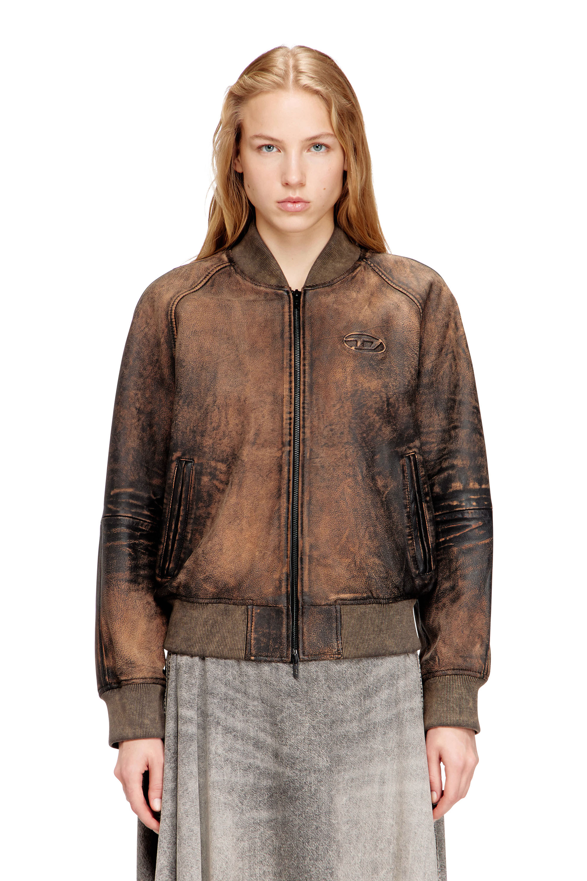 Diesel - L-COBB-FEM, Woman's Bomber jacket in distressed leather in Brown - 3