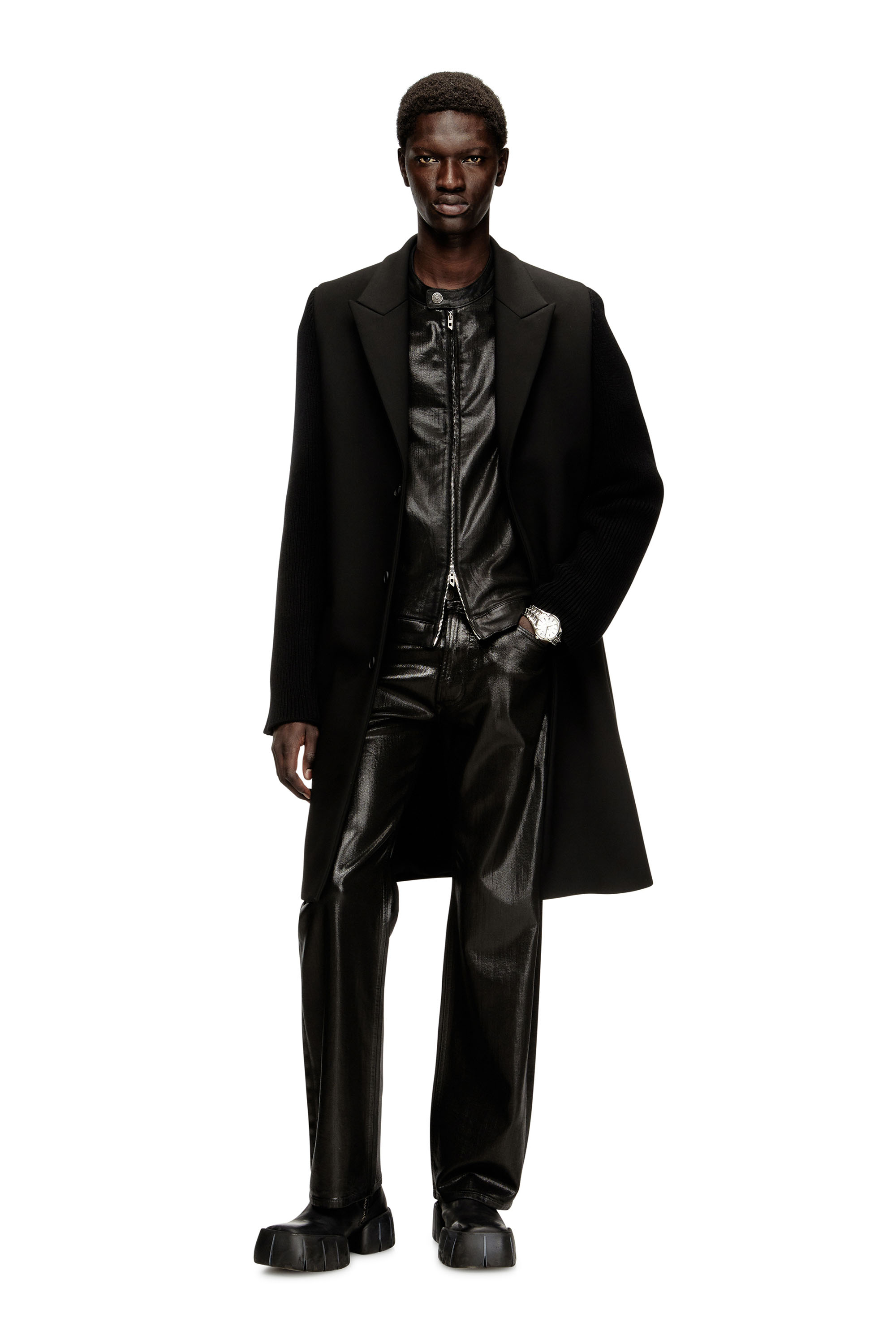 Diesel - W-YARD, Man's Coat in tailoring fabric and ribbed knit in Black - 1