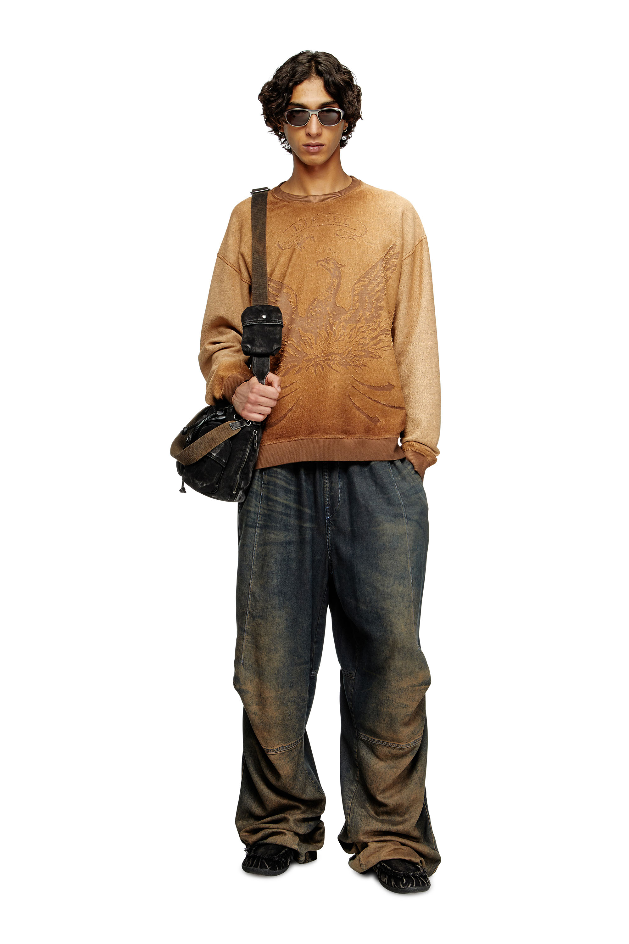Diesel - S-ARON, Man's Faded sweatshirt with devoré Phoenix logo in Brown - 1