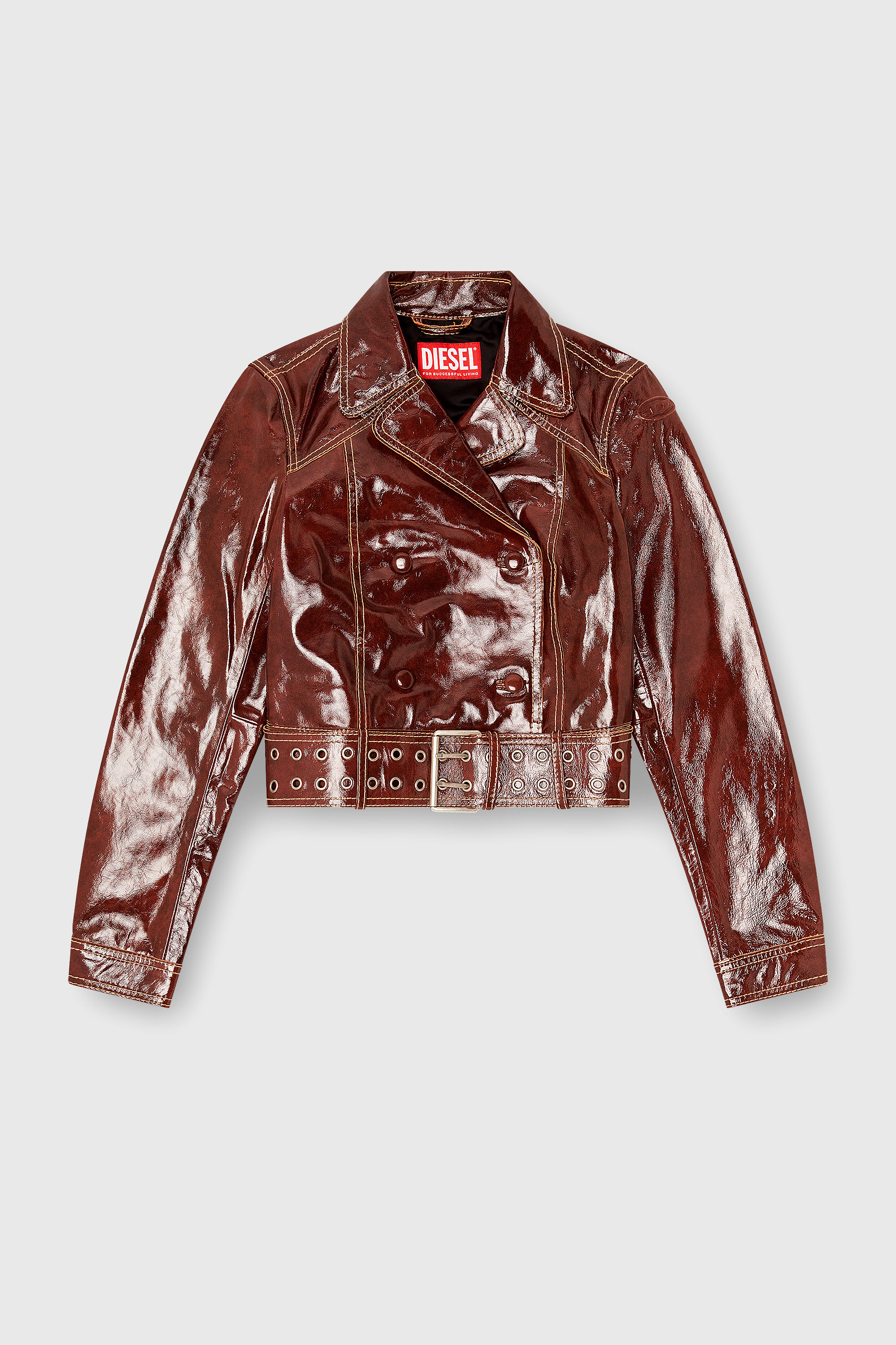 Diesel - L-EGEND, Woman's Patent-leather jacket with large belt in Brown - 2